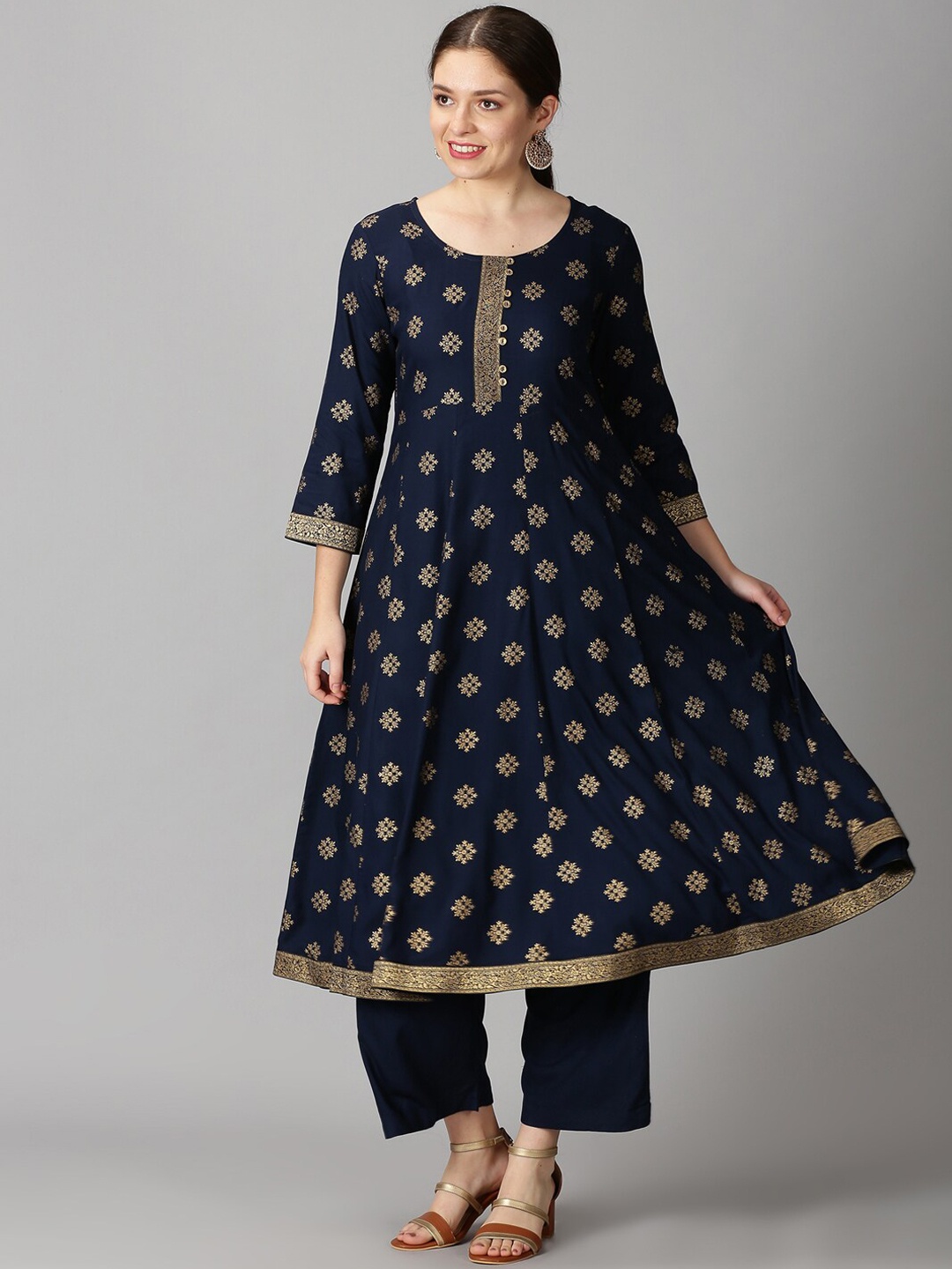 

Saffron Threads Women Navy Blue Ethnic Motifs Foil Printed Anarkali Kurta