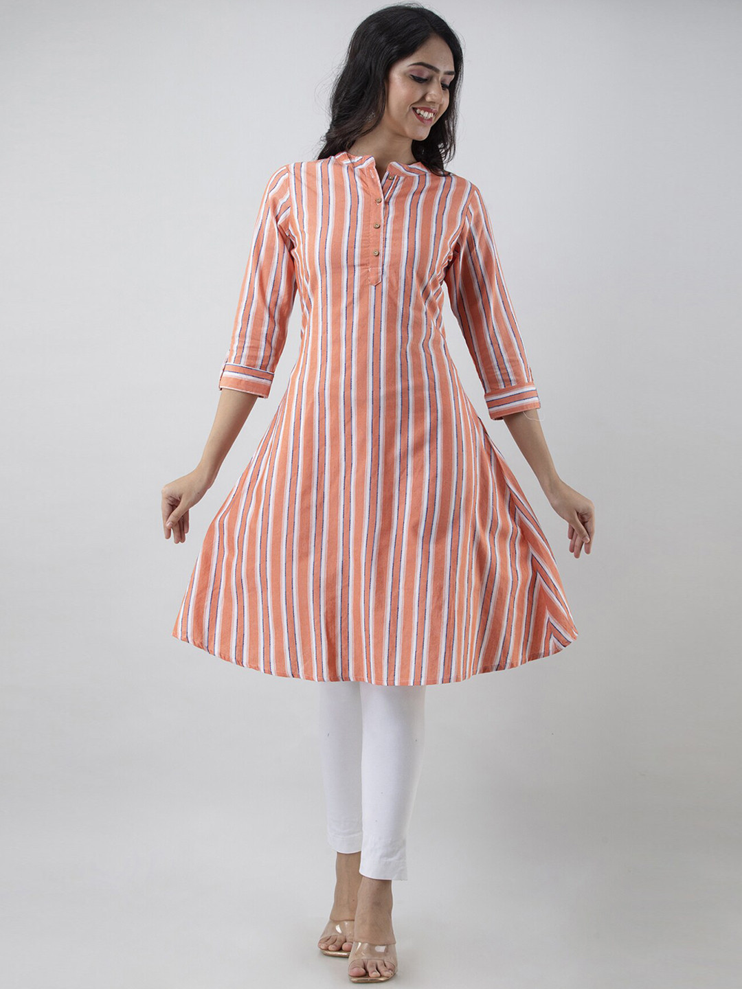 

PREKSHA Women Striped Cotton Kurta, Orange