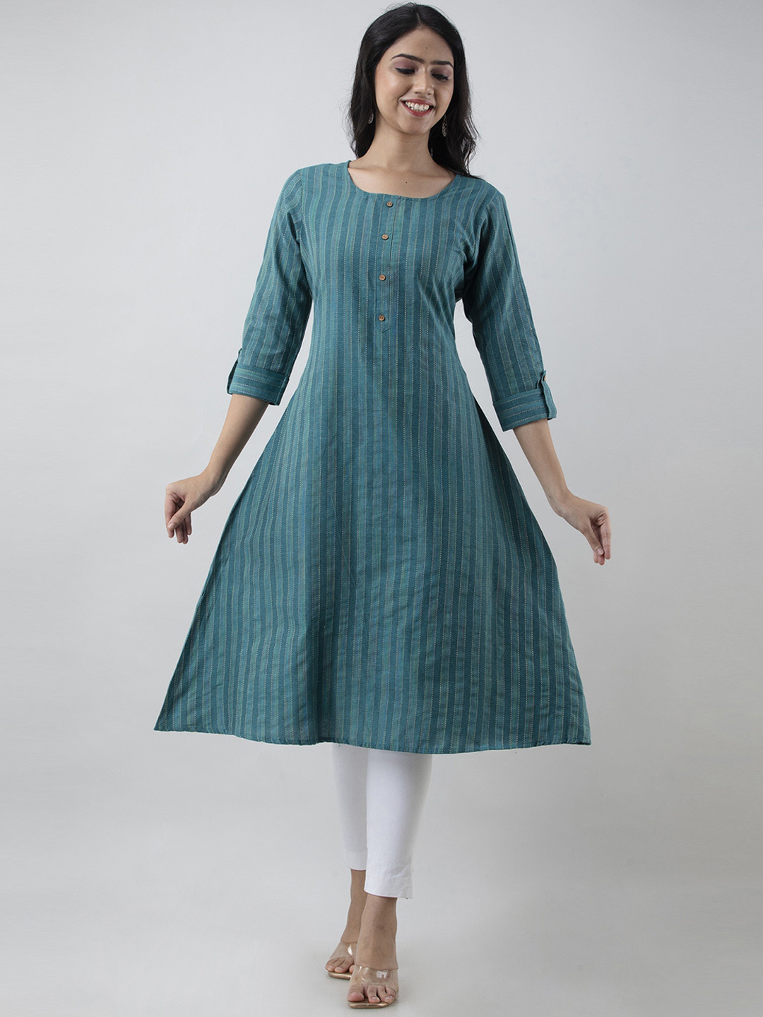 

PREKSHA Women Striped A-line Kurta, Green