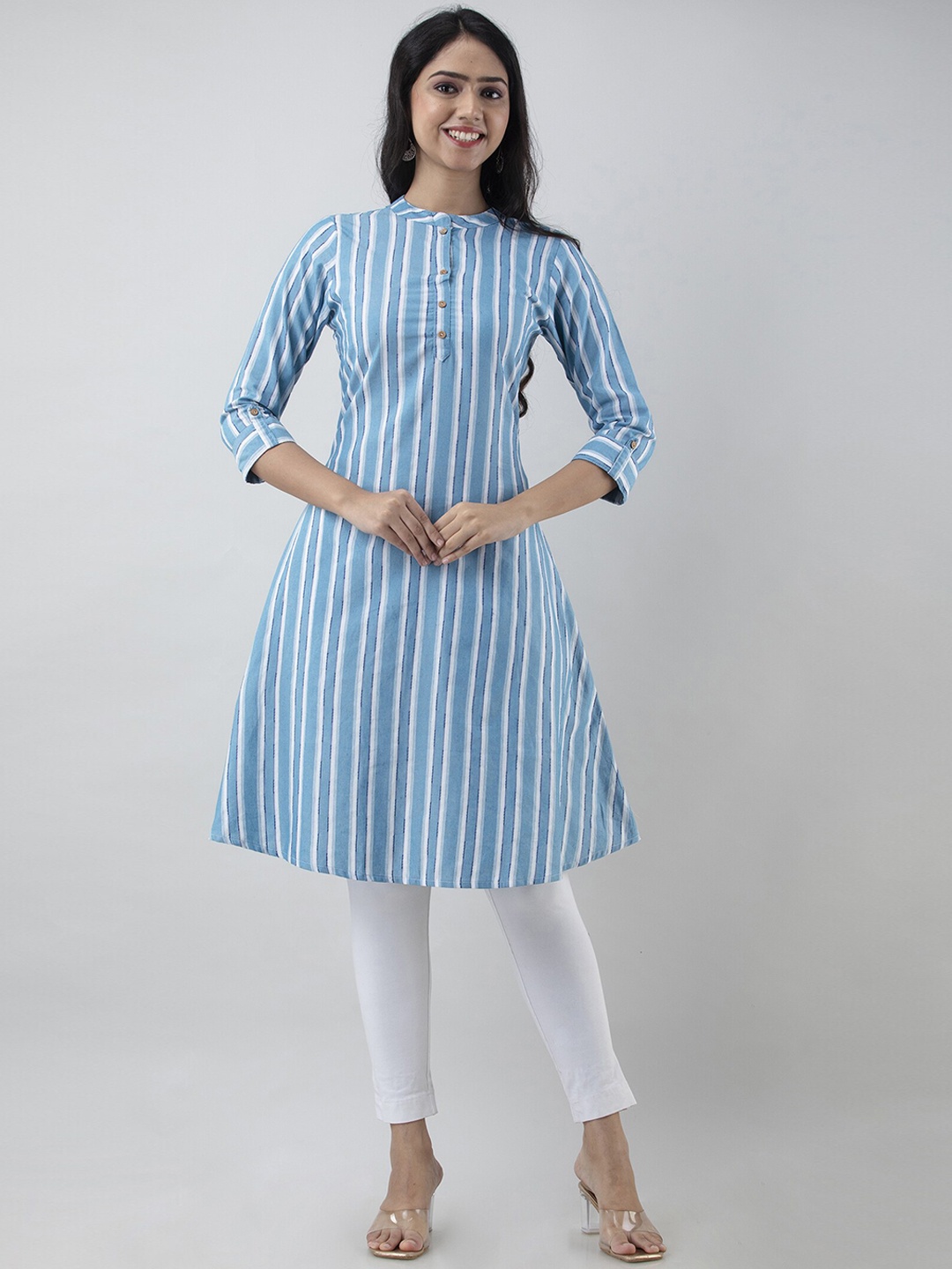 

PREKSHA Women Cotton Printed A-line Striped Kurta, Blue