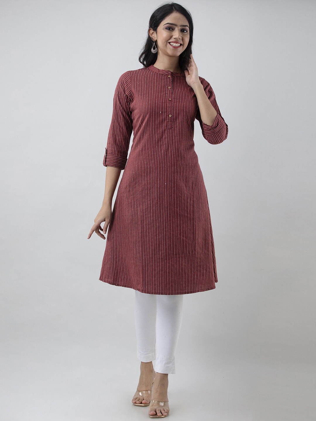 

PREKSHA Women Maroon Striped Thread Work Kurta