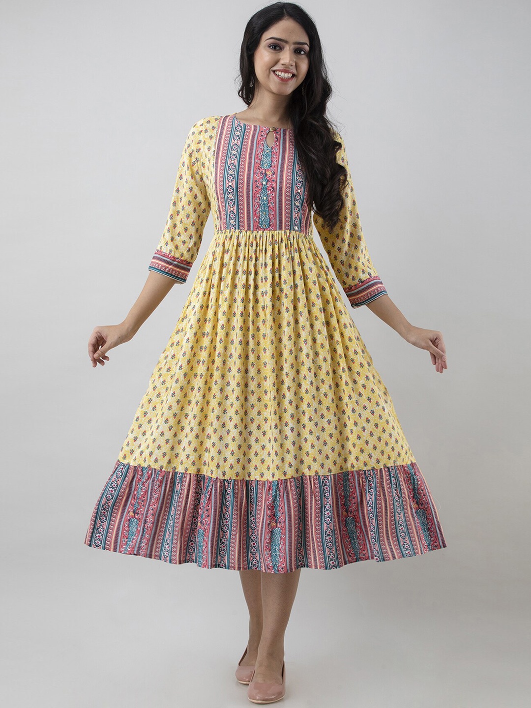 

PREKSHA Women Ethnic Motifs Printed Anarkali Kurta, Mustard