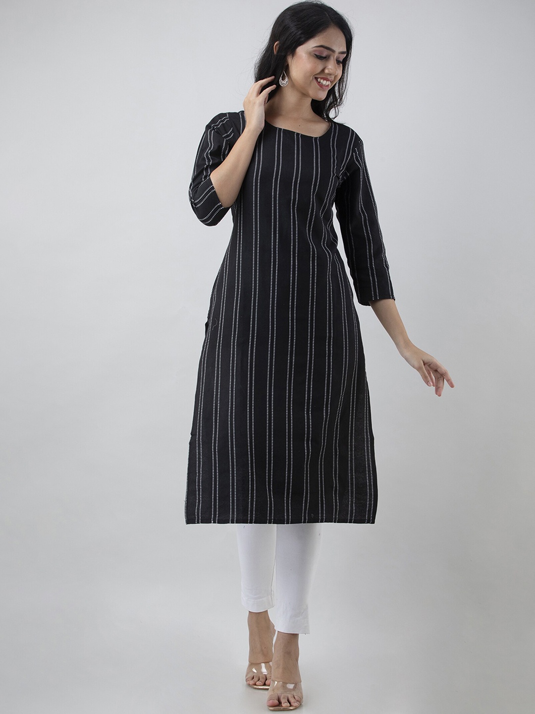 

PREKSHA Women Black Striped Thread Work Kurta
