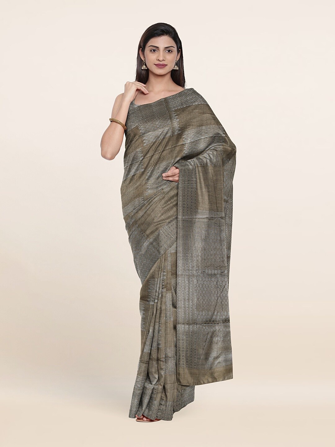 

Pothys Checked Zari Saree, Tan