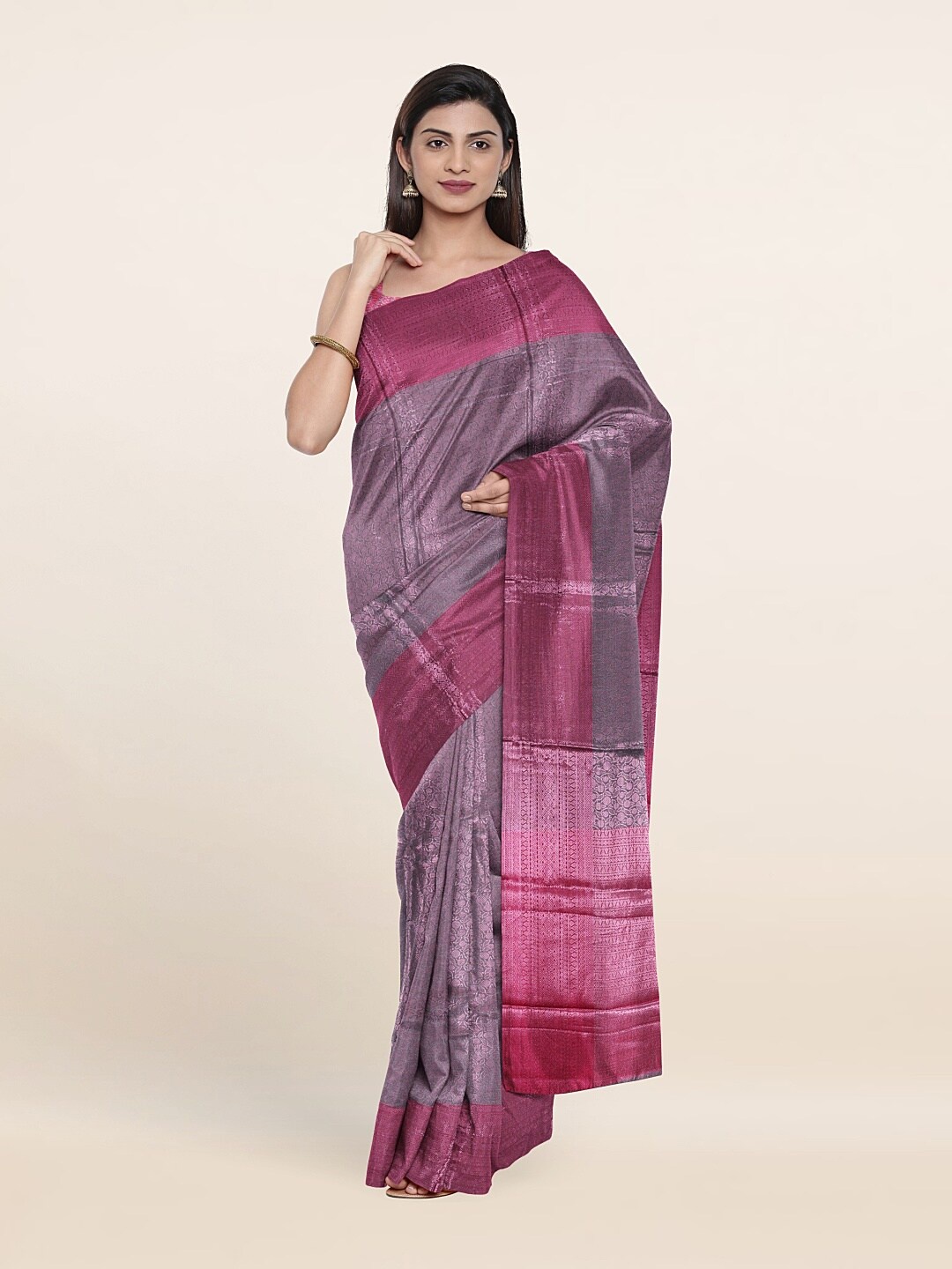 

Pothys Woven Design Zari Brocade Saree, Grey