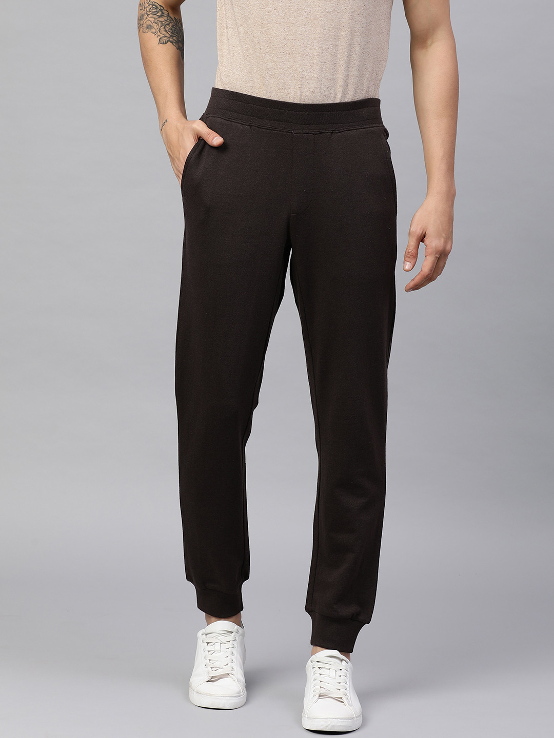 

Huetrap Men Solid Joggers, Coffee brown