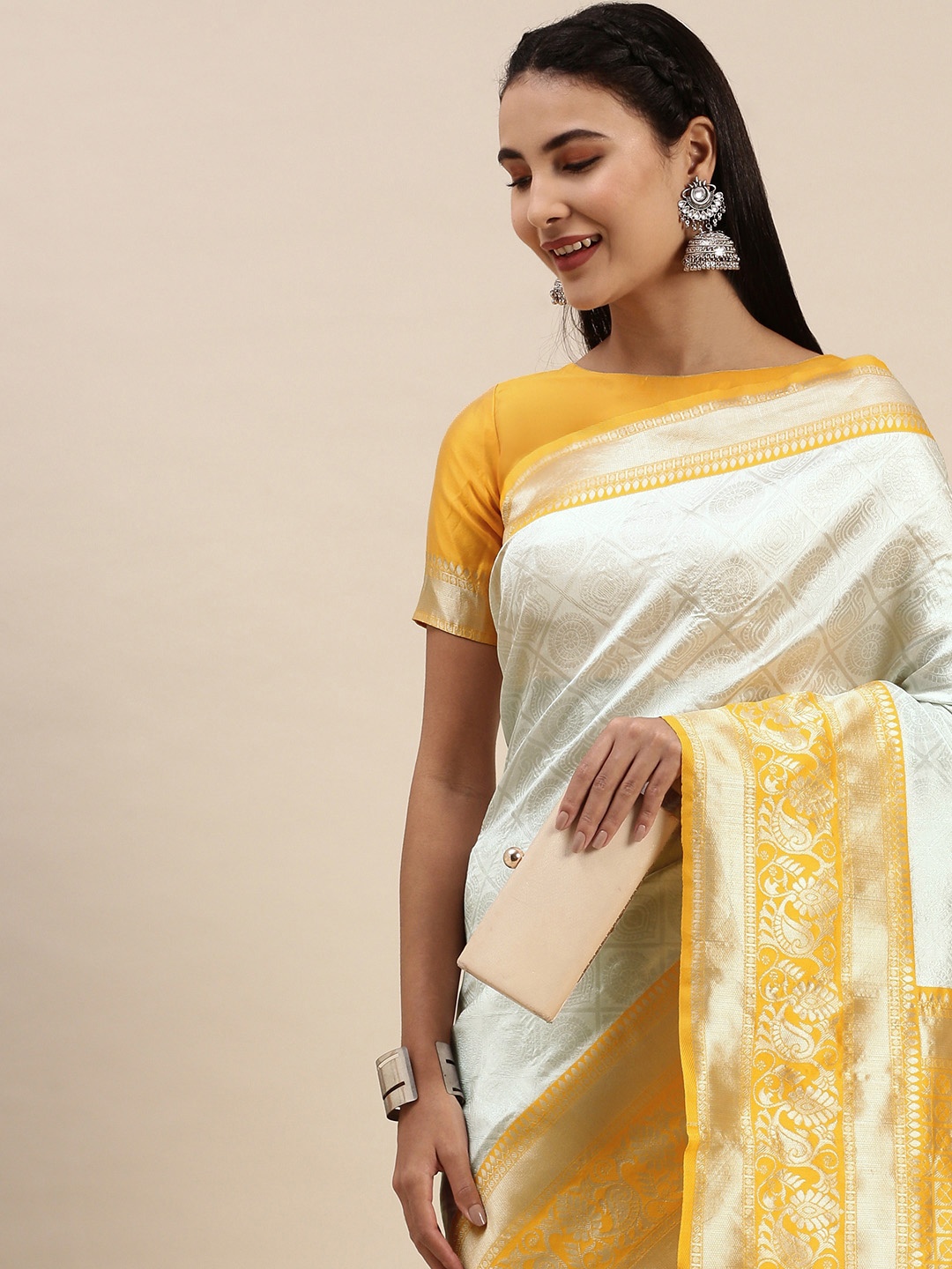 

JATRIQQ White & Yellow Woven Design Zari Art Silk Banarasi Saree