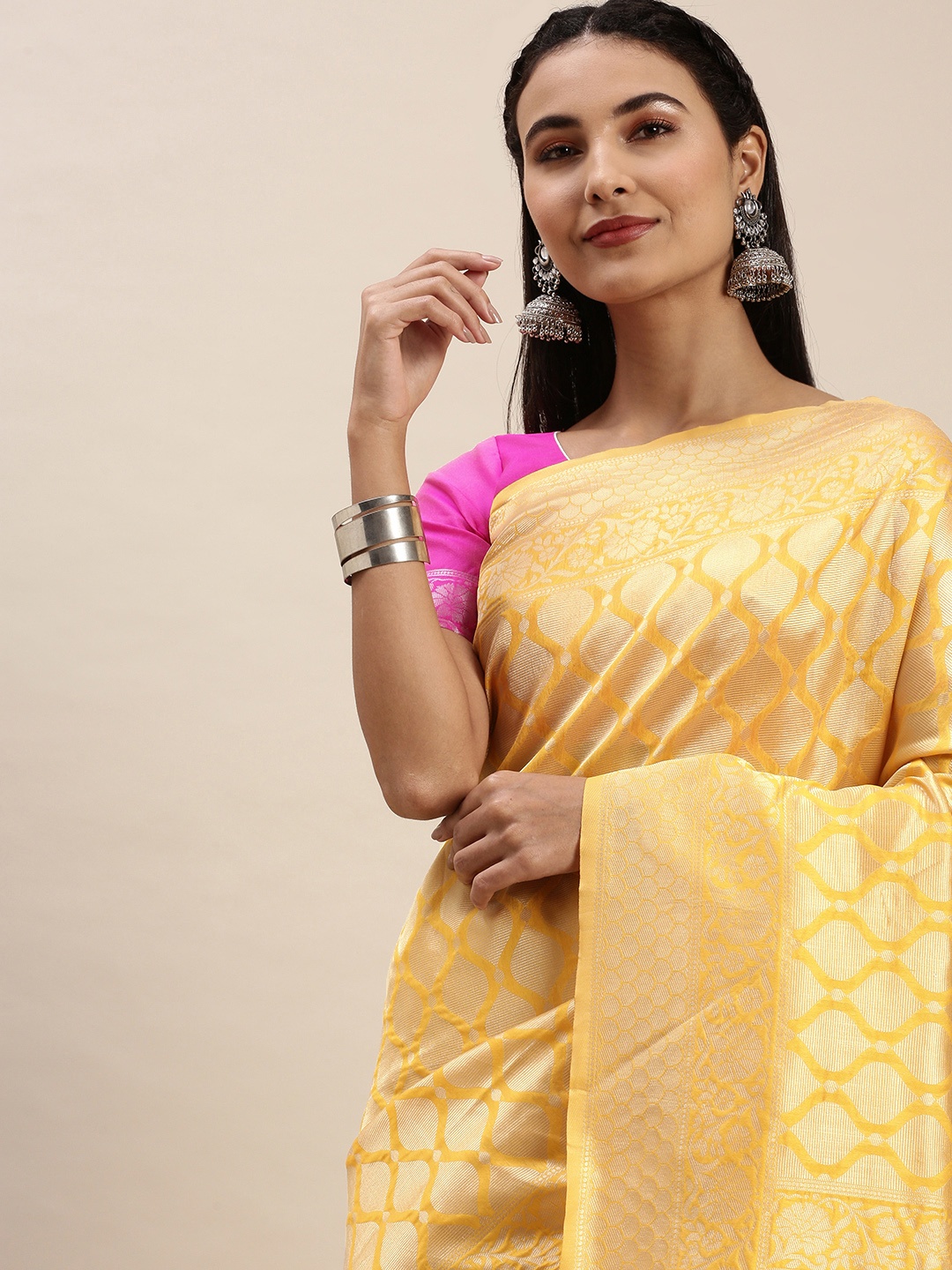 

JATRIQQ Yellow Woven Design Zari Art Silk Banarasi Saree