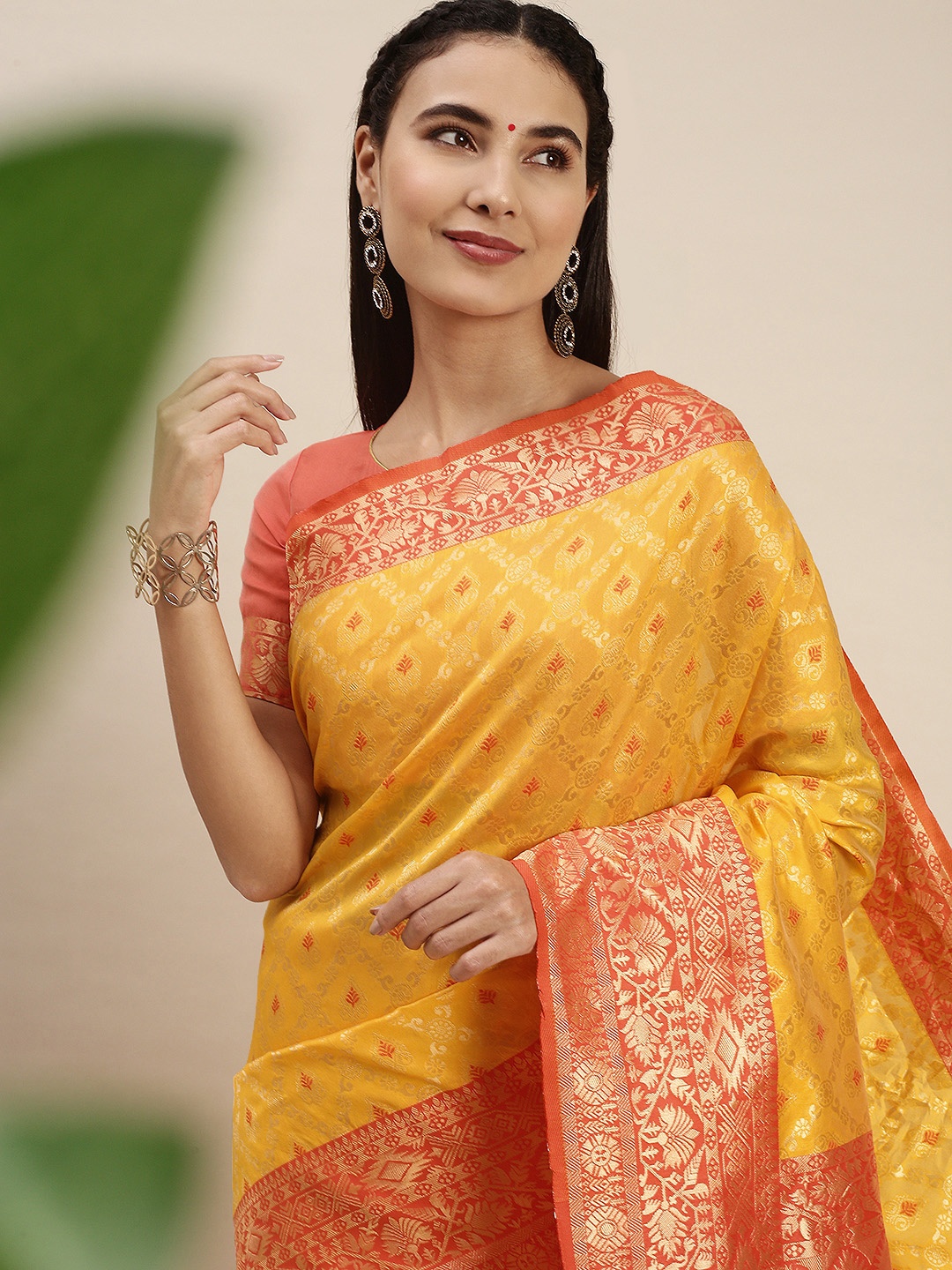 

JATRIQQ Yellow & Red Woven Design Zari Art Silk Banarasi Saree