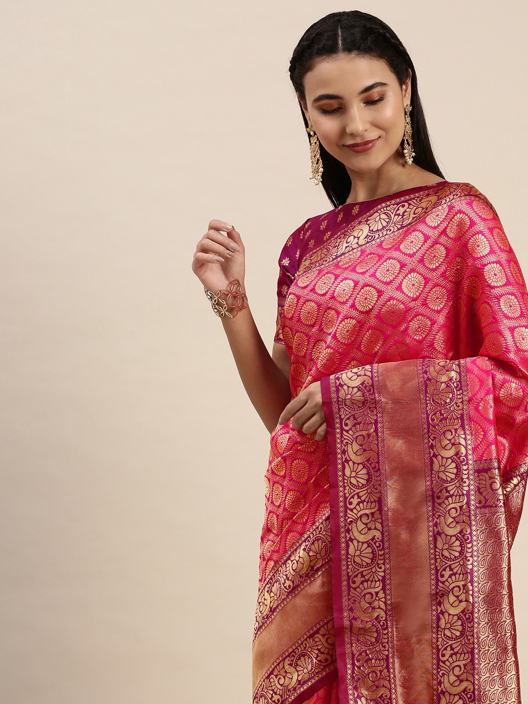 

JATRIQQ Fuchsia & Gold-Toned Woven Design Zari Art Silk Banarasi Saree