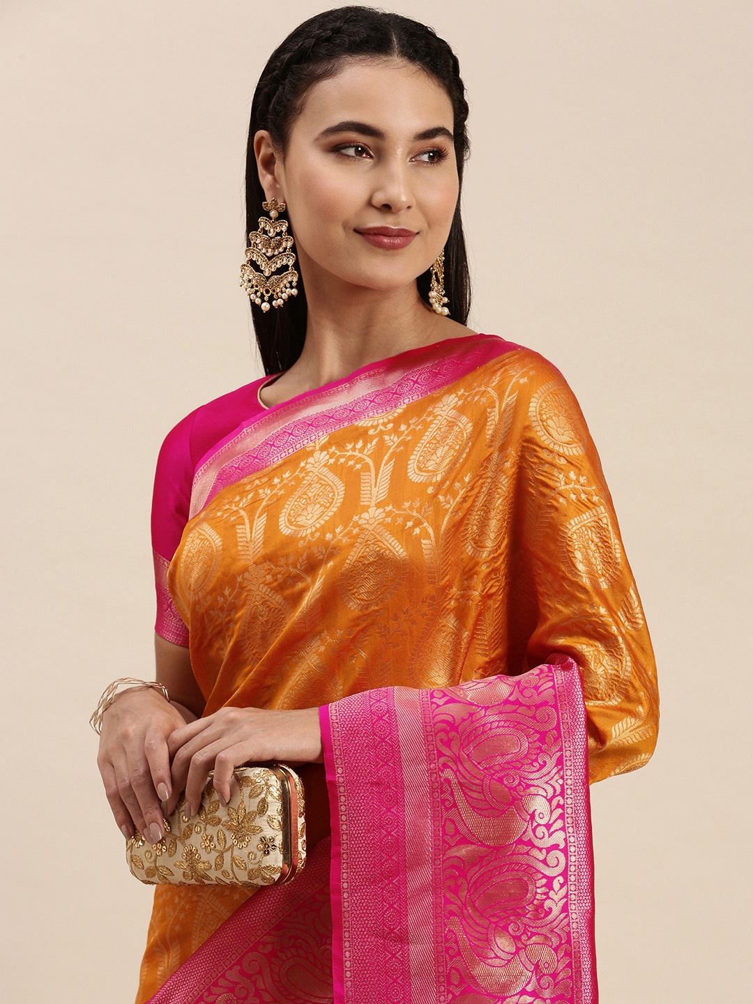 

JATRIQQ Yellow & Pink Woven Design Zari Art Silk Banarasi Saree