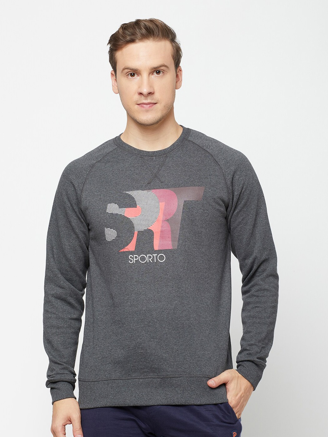 

SPORTO Men Printed Sweatshirt, Grey melange