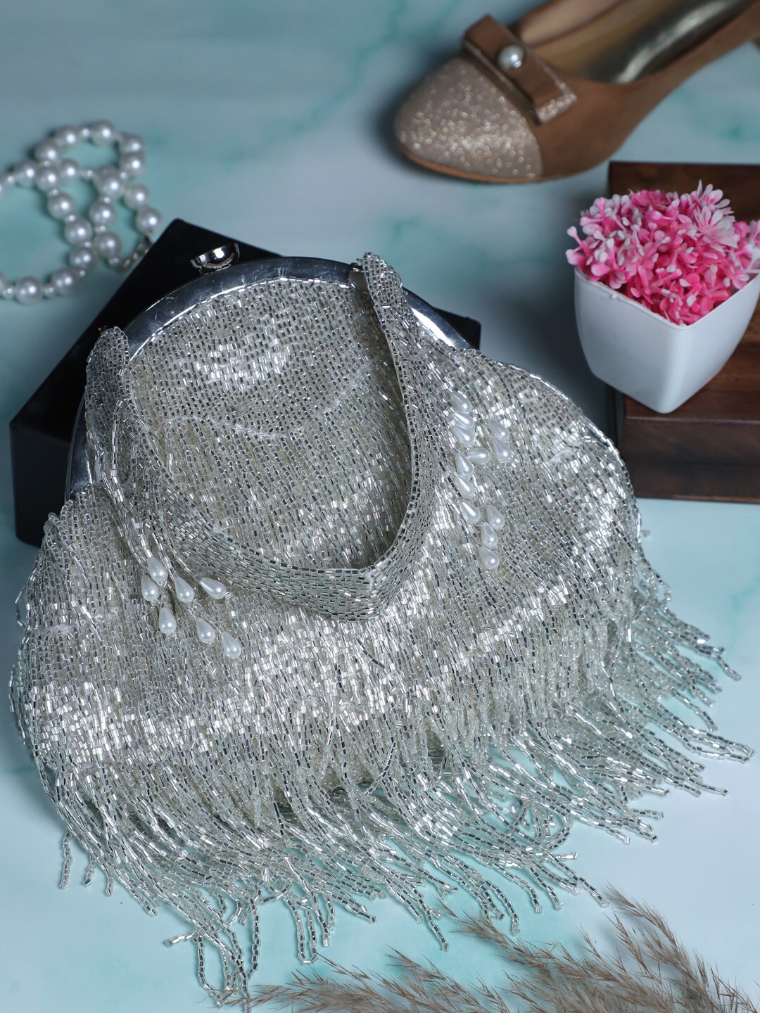 

Swisni Embellished Potli Clutch, Silver