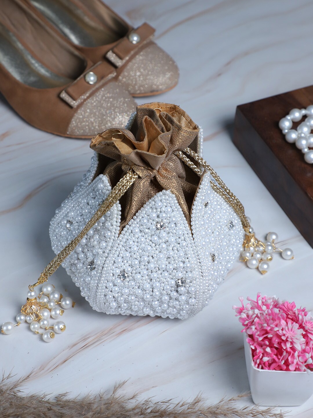

Swisni Embellished Potli Clutch, White
