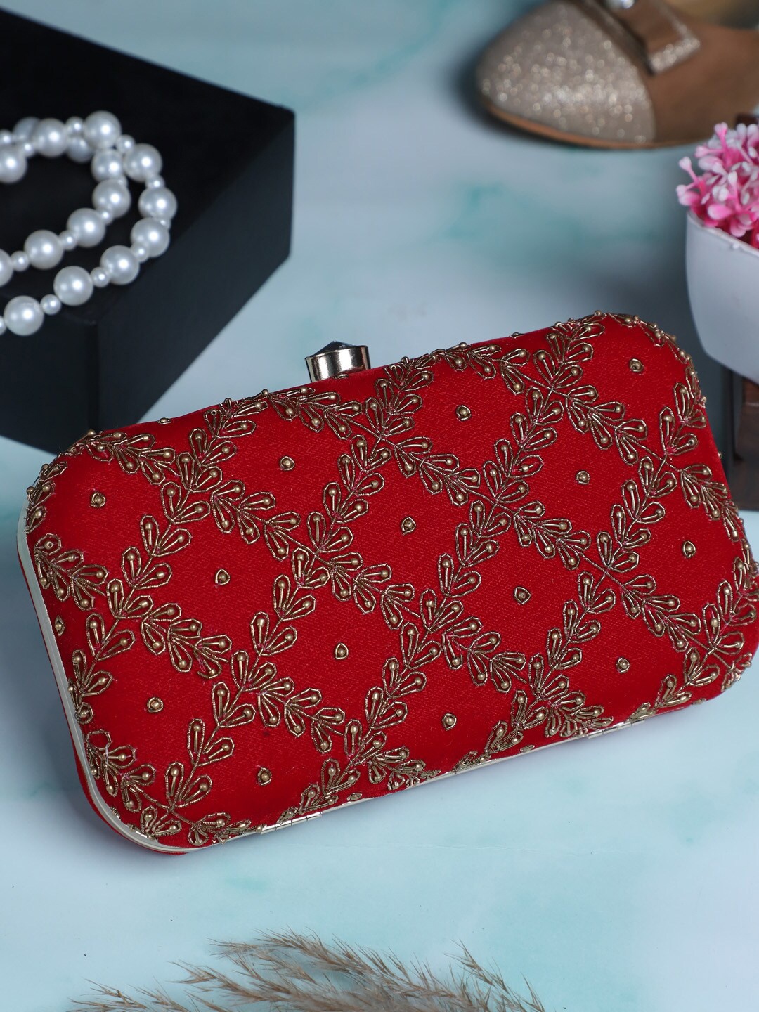 

Swisni Embellished Box Clutch, Red