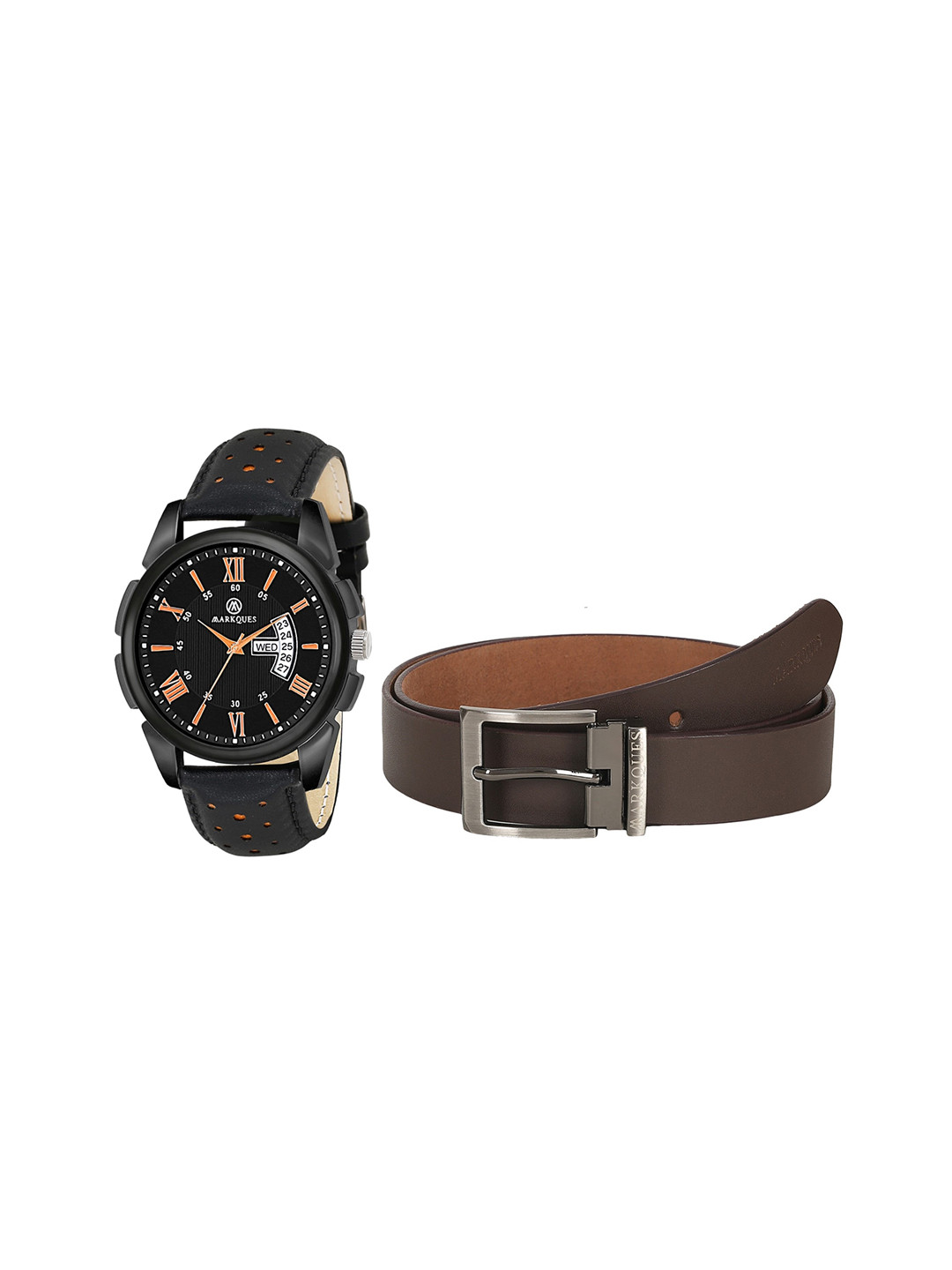 

MARKQUES Men Solid Leather Watch & Belt Gift Set, Black