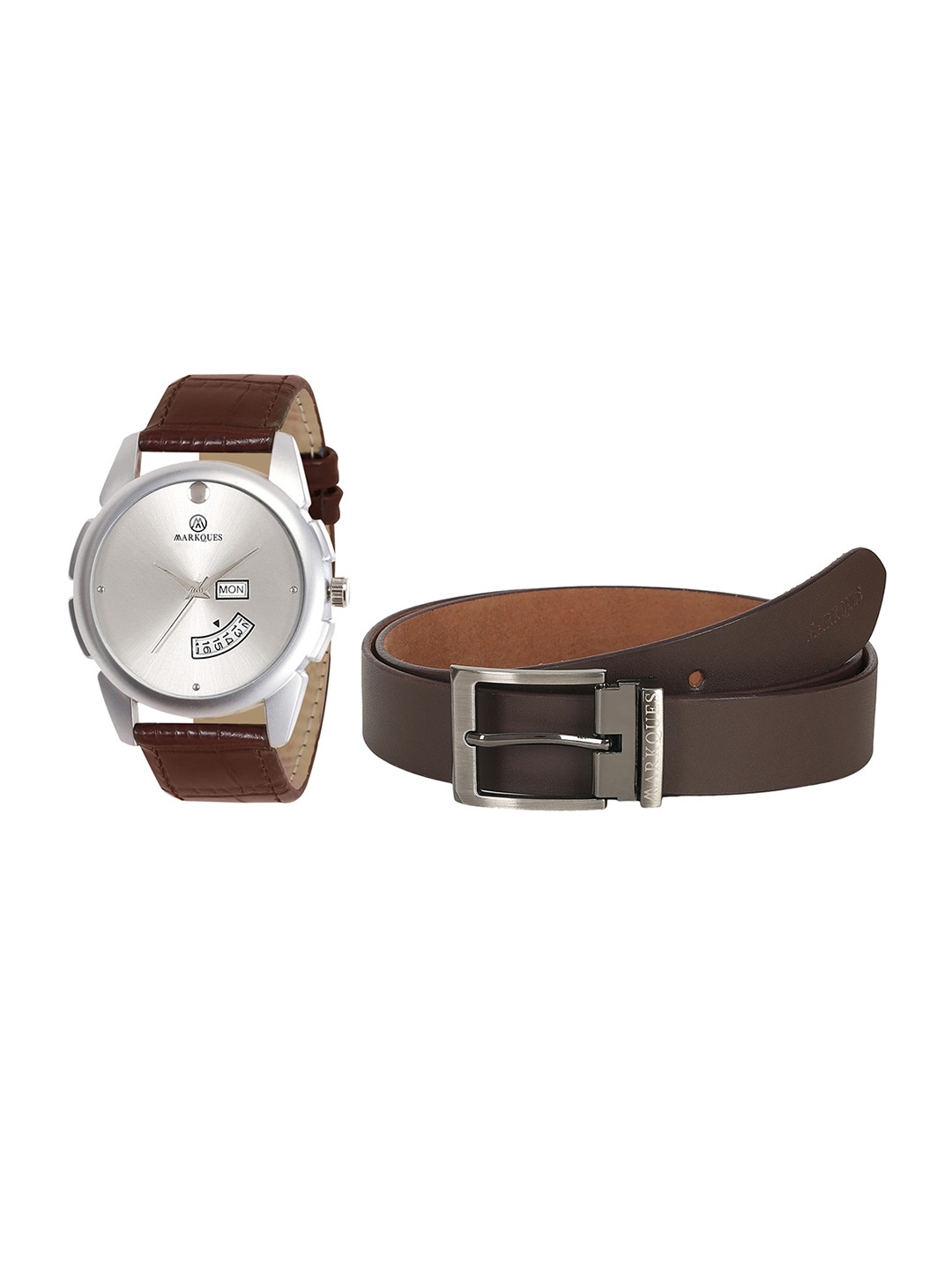 

MARKQUES Men Solid Leather Watch and Belt Combo Gift Set, Brown