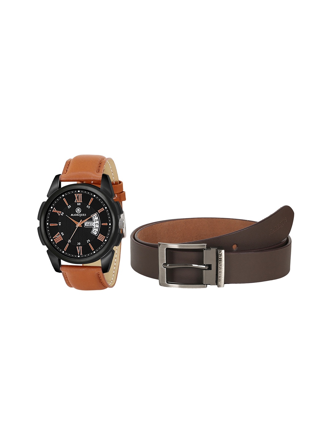 

MARKQUES Men Solid Leather Watch & Belt Gift Set, Black