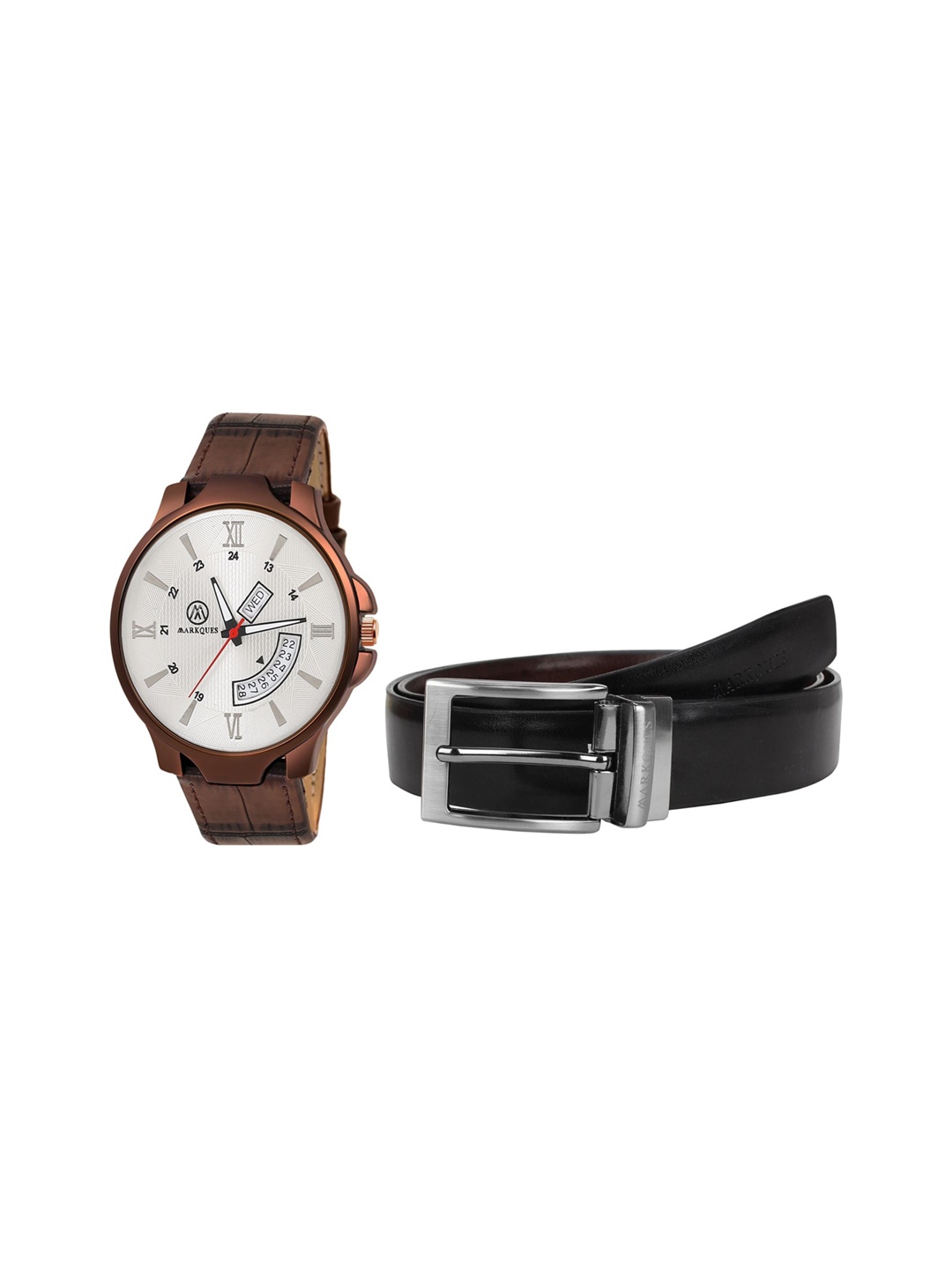 

MARKQUES Men Leather Watch & Belt Accessory Gift Set, Brown