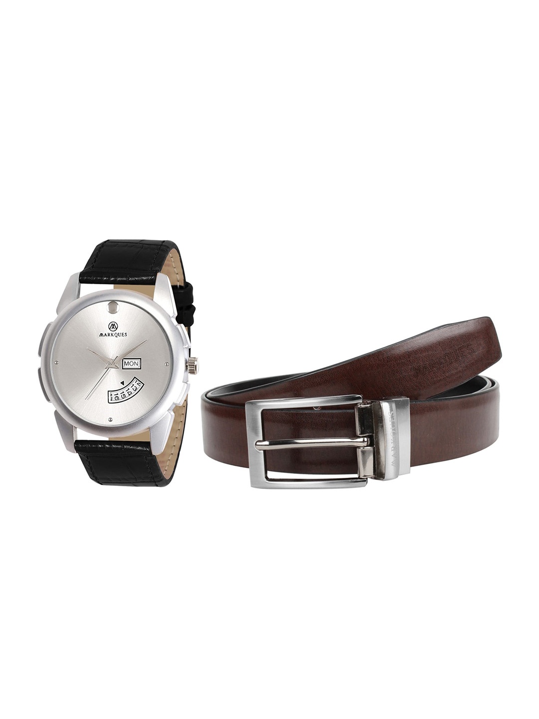 

MARKQUES Men Solid Leather Watch and Belt Combo Gift Set, Black