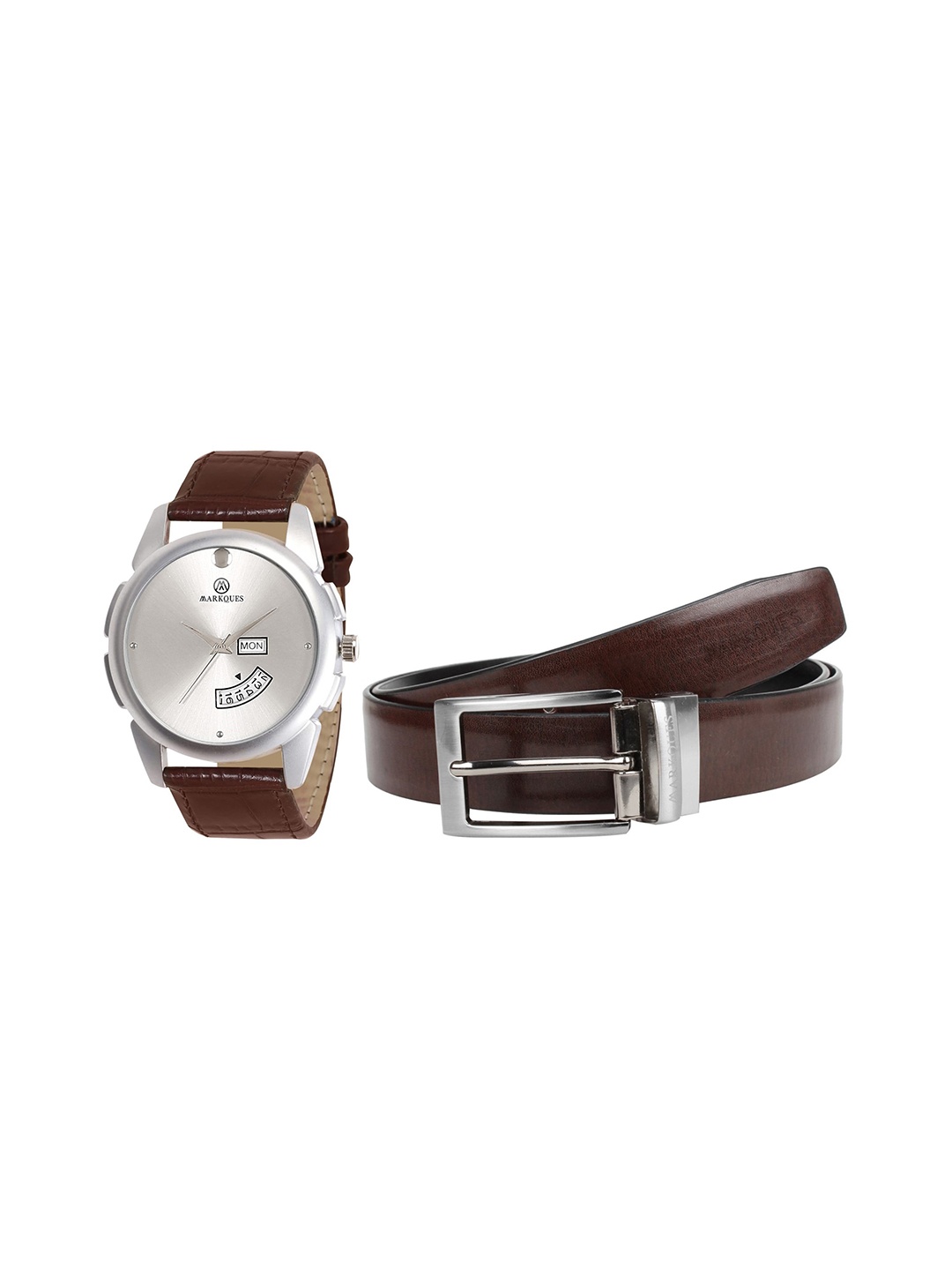 

MARKQUES Men Solid Leather Watch & Reversible Belt Gift Set, Brown