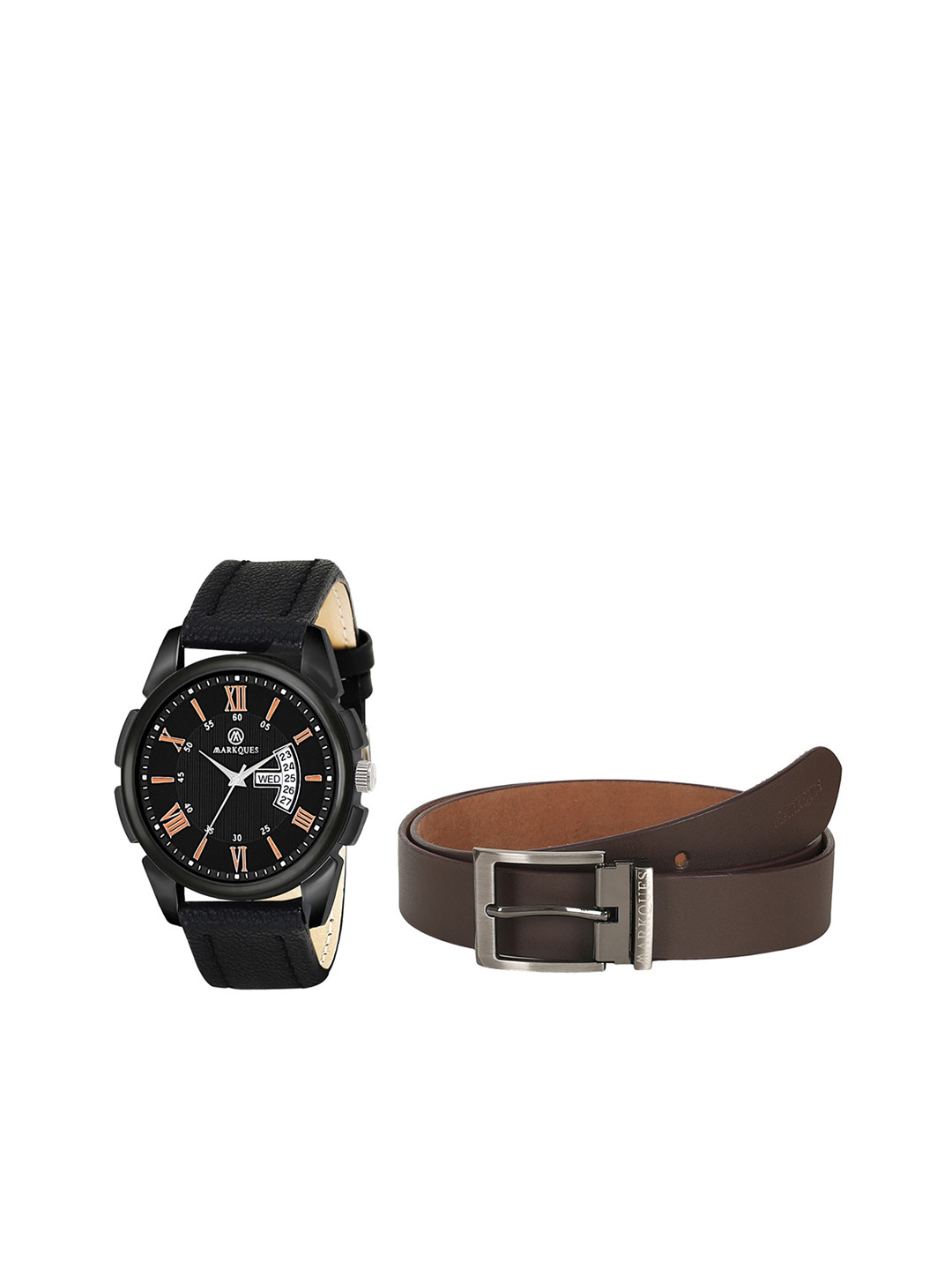 

MARKQUES Men Solid Leather Watch and Belt Combo Gift Set, Black
