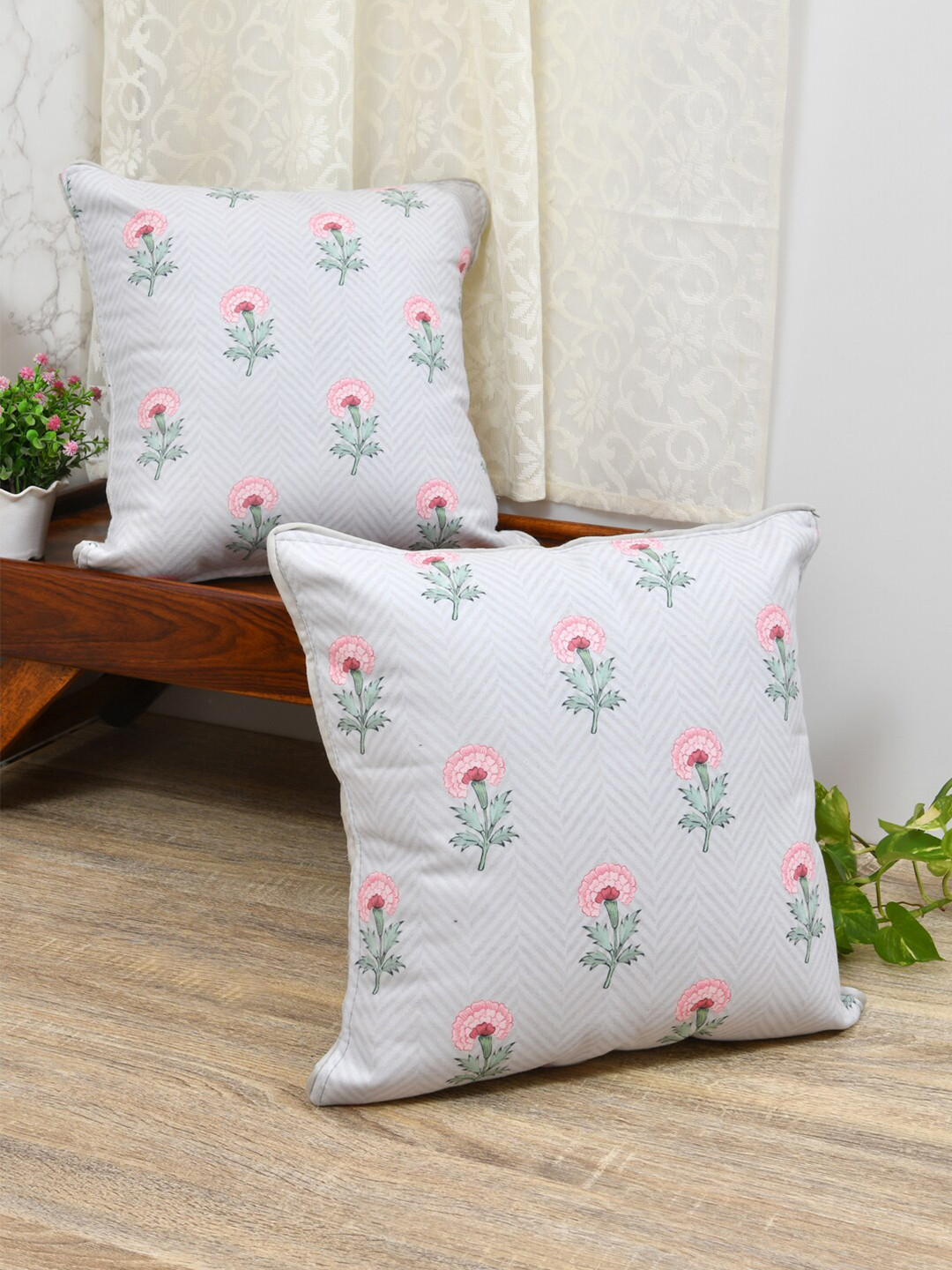 

Gulaab Jaipur Set of 2 Floral Square Cushion Covers, Grey