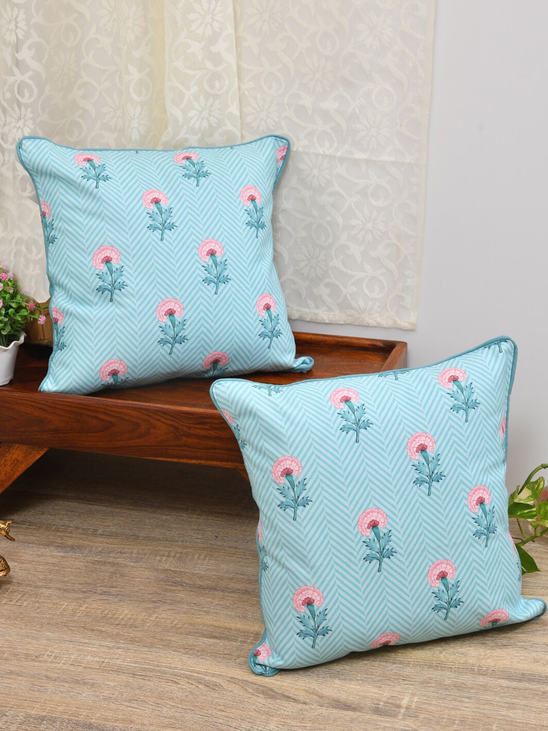 

Gulaab Jaipur Set of 2 Floral Square Cushion Covers, Blue