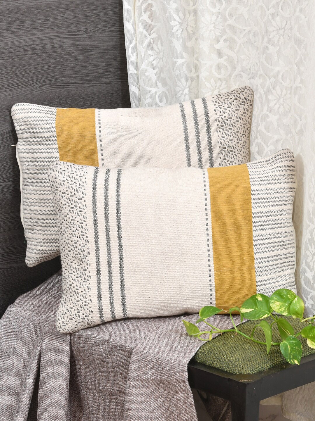 

Gulaab Jaipur Set of 2 Self Design Rectangle Cushion Covers, Yellow