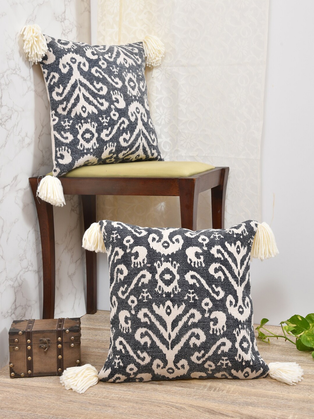 

Gulaab Jaipur Set of 2 Ethnic Motifs Square Cushion Covers, Black
