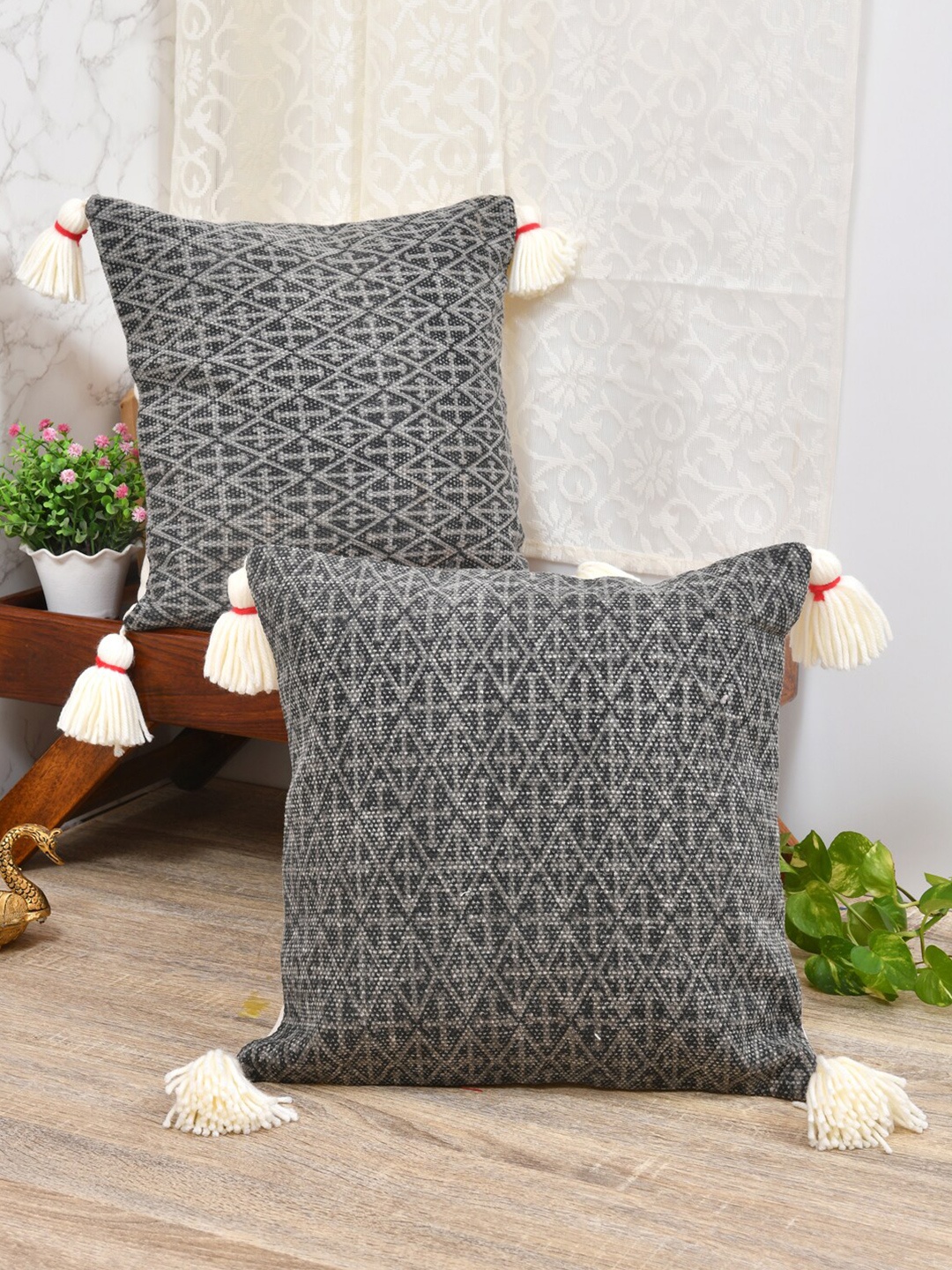 

Gulaab Jaipur Set of 2 Ethnic Motifs Square Cushion Covers, Grey