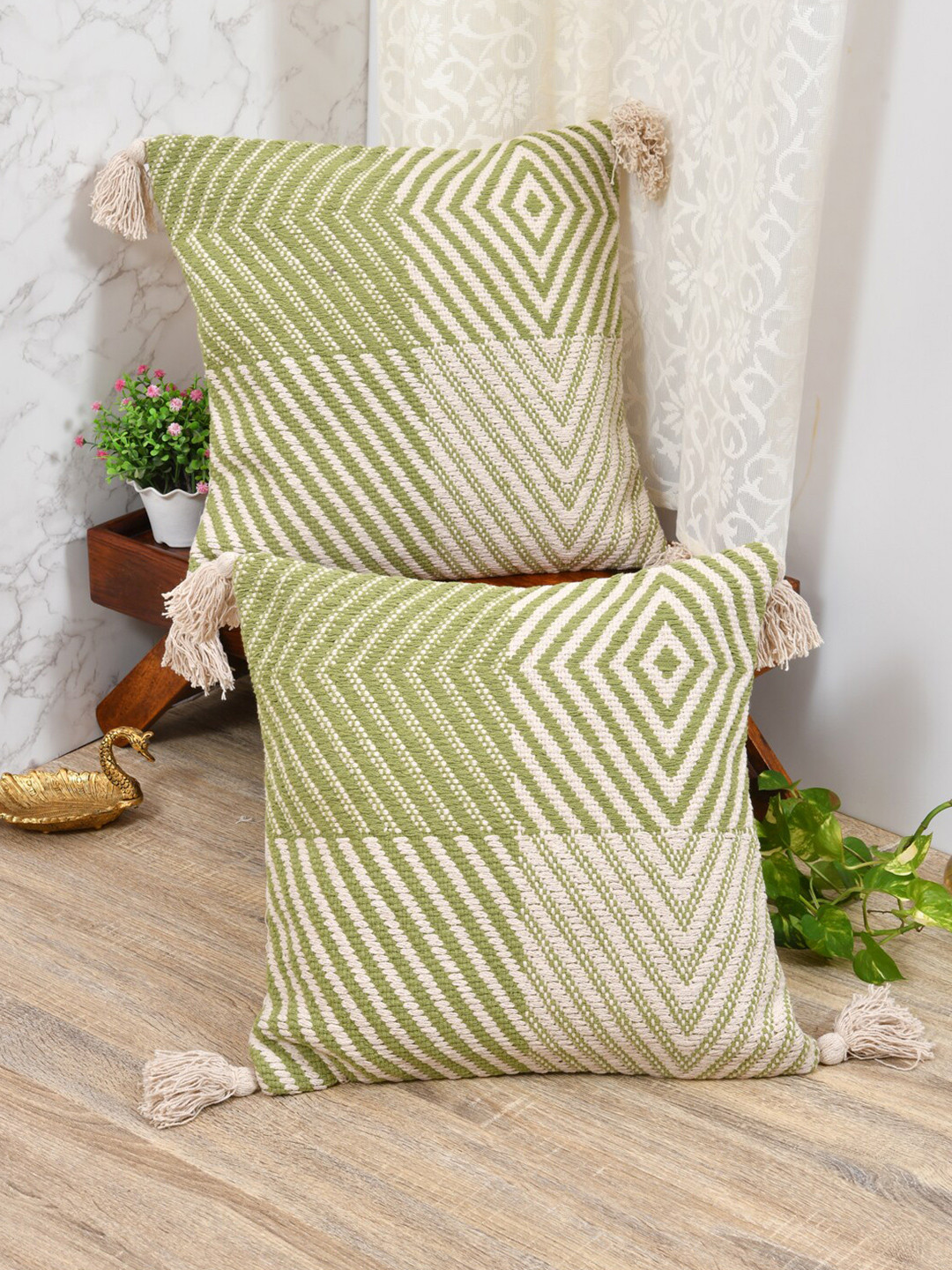 

Gulaab Jaipur Set of 2 Geometric Square Cushion Covers, Green