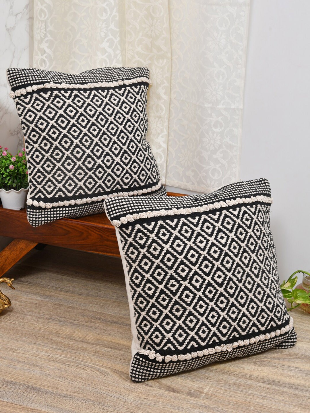 

Gulaab Jaipur Set of 2 Self Design Square Cushion Covers, Black