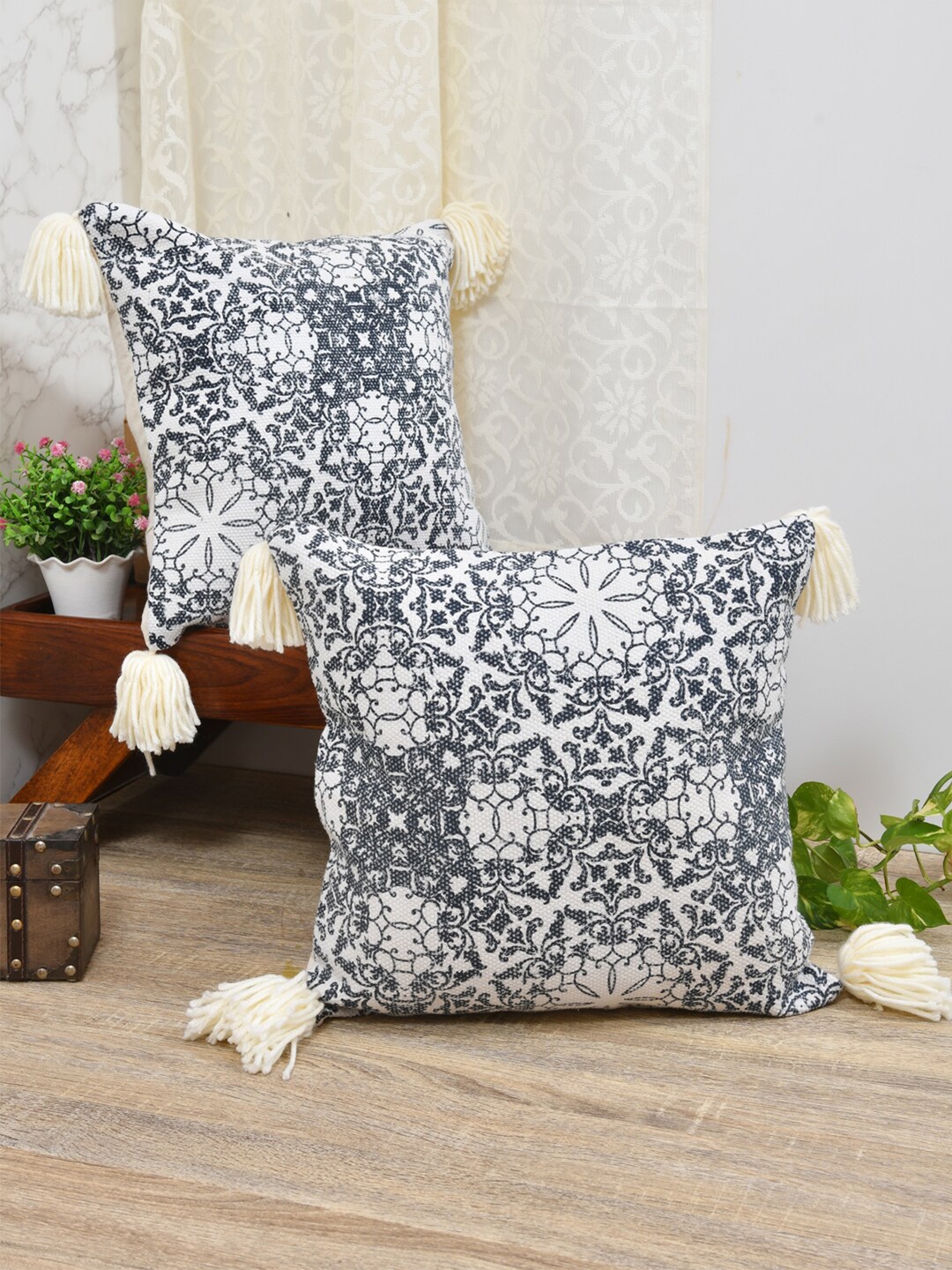 

Gulaab Jaipur Set of 2 Ethnic Motifs Square Cushion Covers, Black