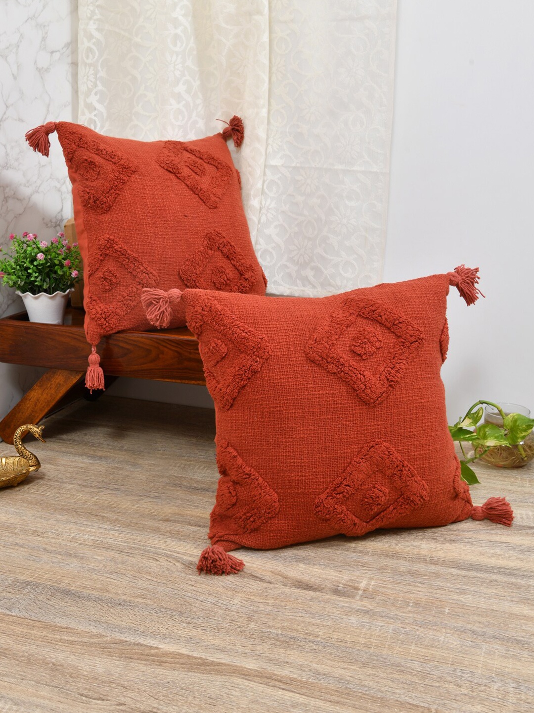 

Gulaab Jaipur Set of 2 Self Design Square Cushion Covers, Red