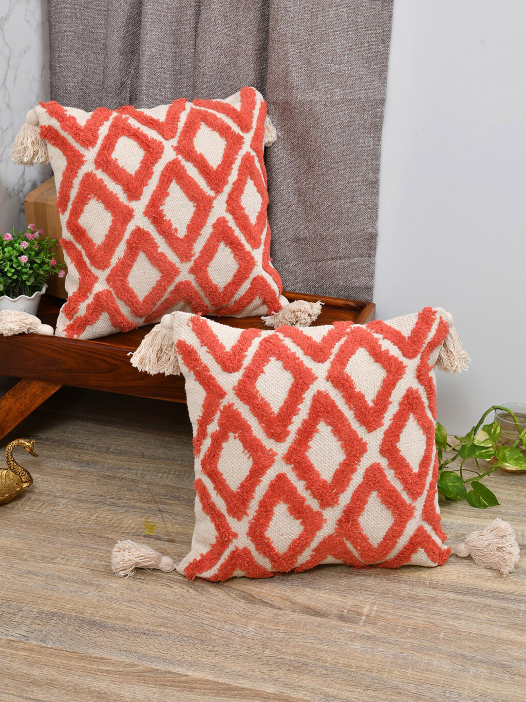 

Gulaab Jaipur Set of 2 Self Design Square Cushion Covers, Red