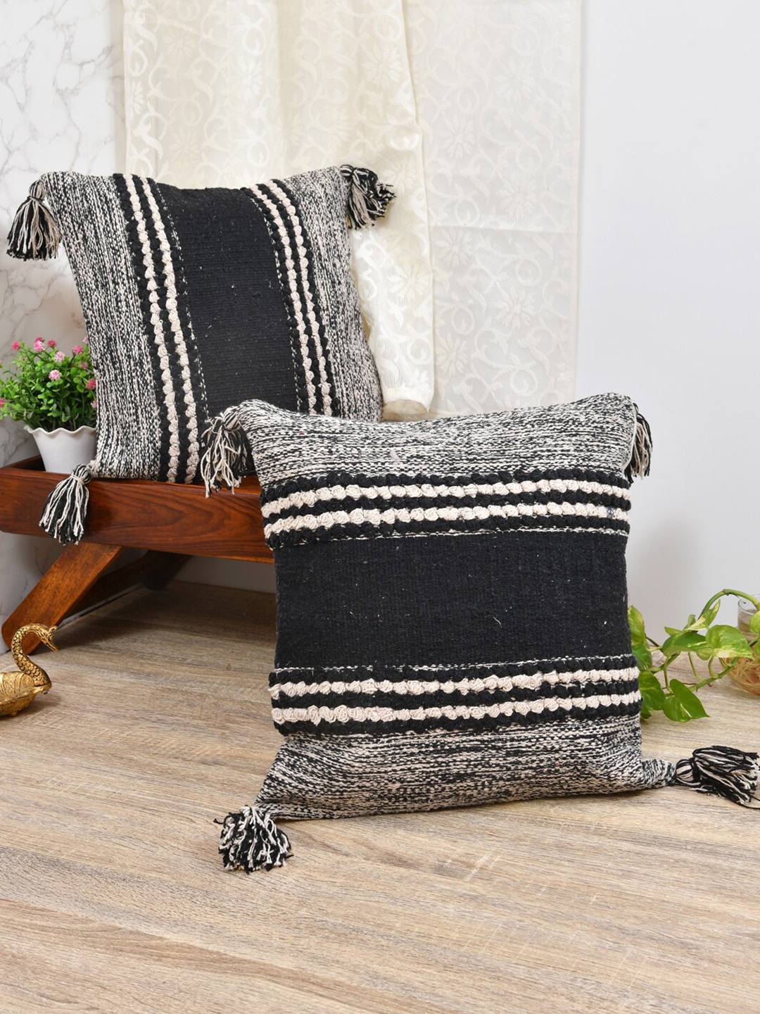 

Gulaab Jaipur Set of 2 Self Design Square Cushion Covers, Black