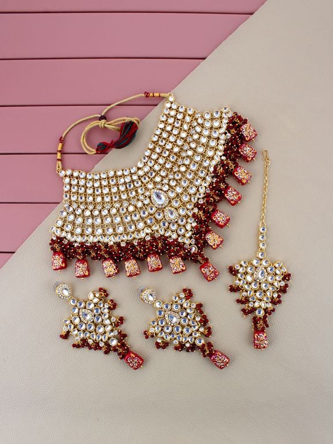 

LUCKY JEWELLERY Gold-Plated Kundan-Studded Jewellery Set, Maroon