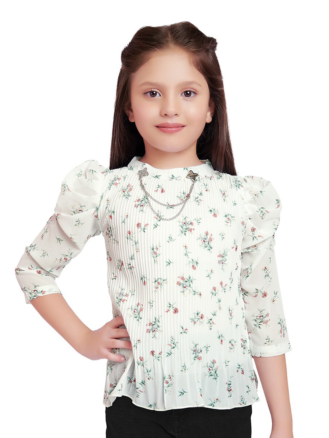 

Tiny Kingdom Girls Floral Print Georgette Top, White