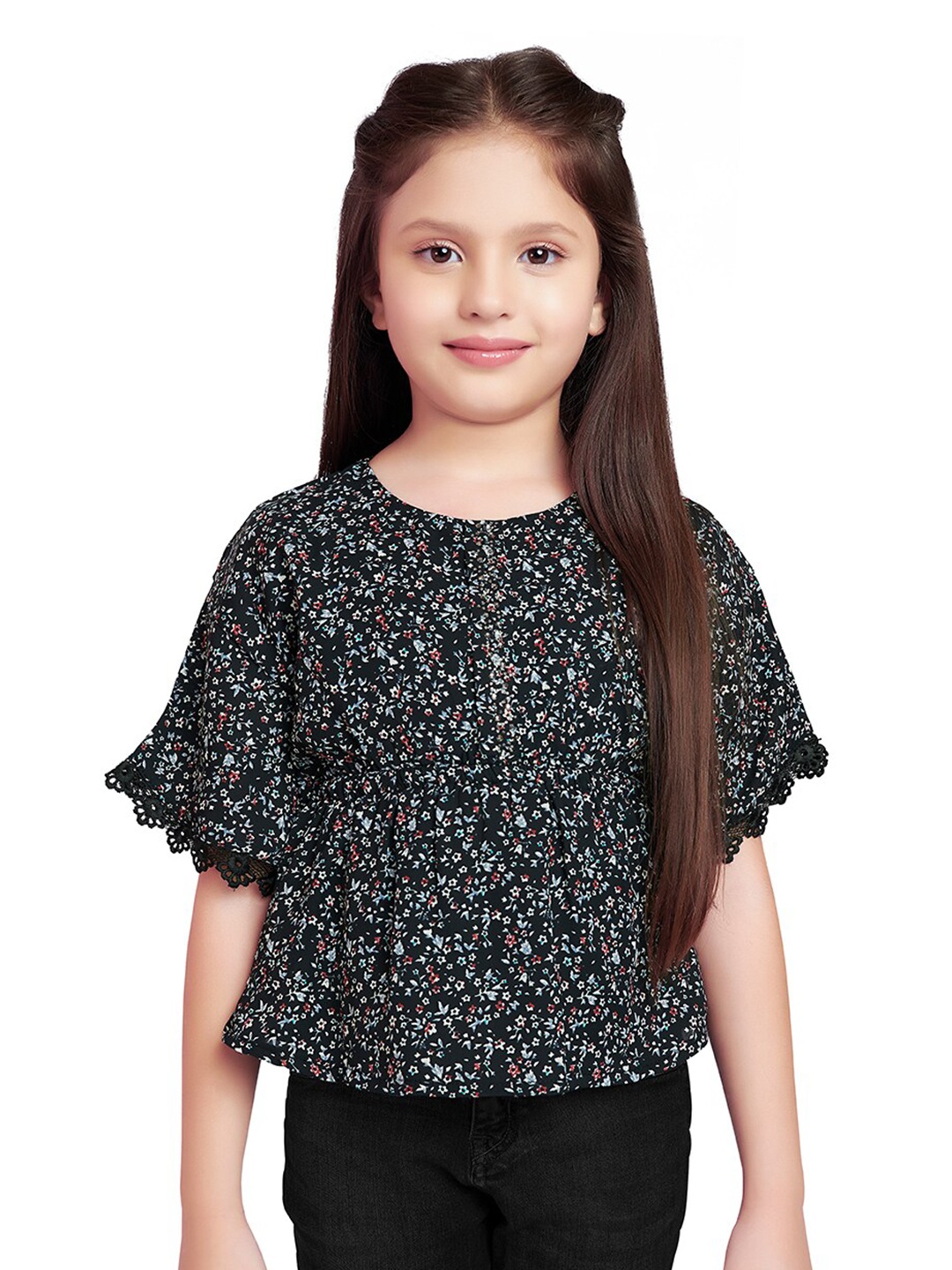 

Tiny Kingdom Girls Floral Print Georgette Kaftan Top, Black