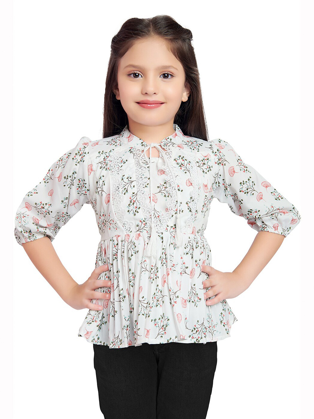 

Tiny Kingdom Girls Floral Print Tie-Up Neck Georgette Empire Top, White
