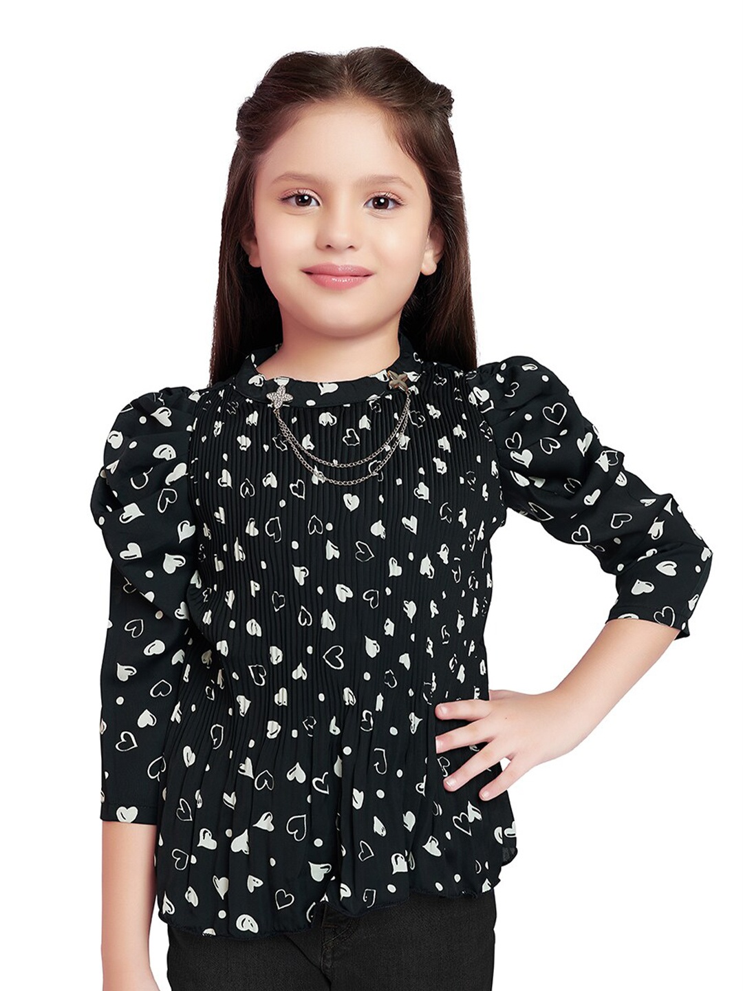 

Tiny Kingdom Girls Printed Puff Sleeves Top, Black