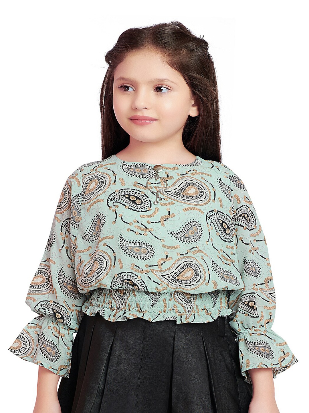 

Tiny Kingdom Girls Printed Bell Sleeves Blouson Top, Green