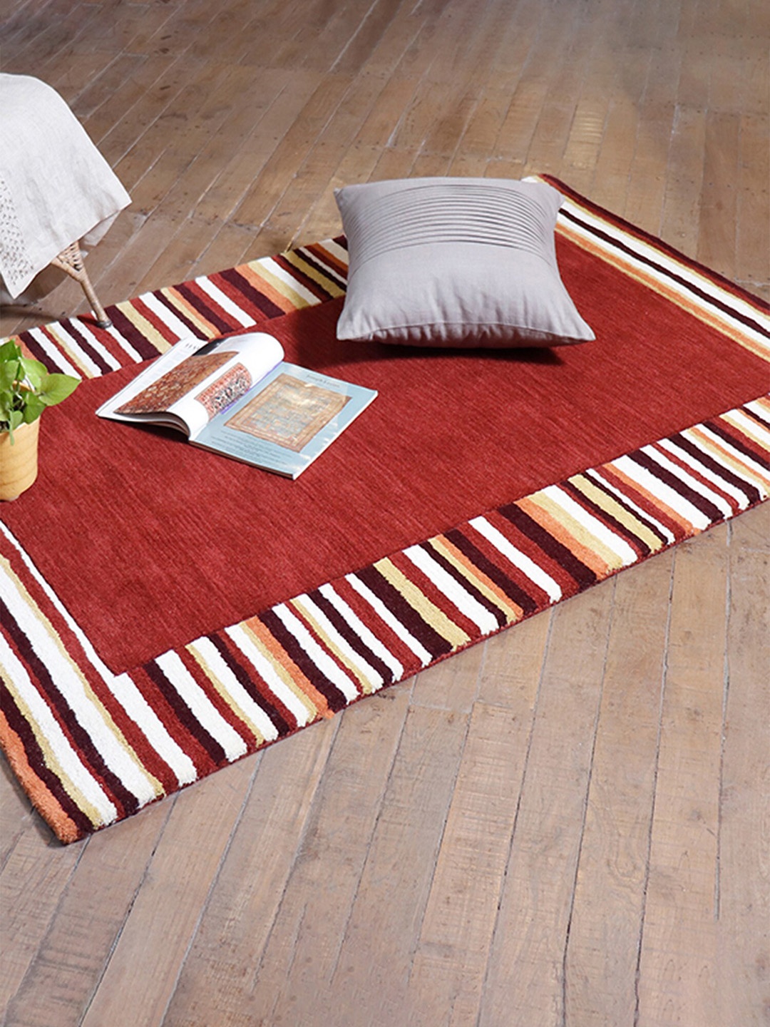 

ZEBA Striped Hand-Tufted Pure Woollen Carpets, Maroon