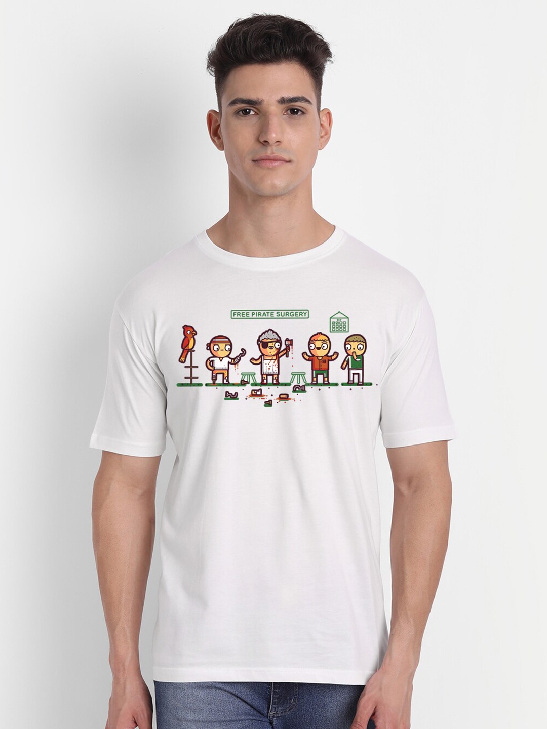 

THREADCURRY Men Printed Cotton T-shirt, White