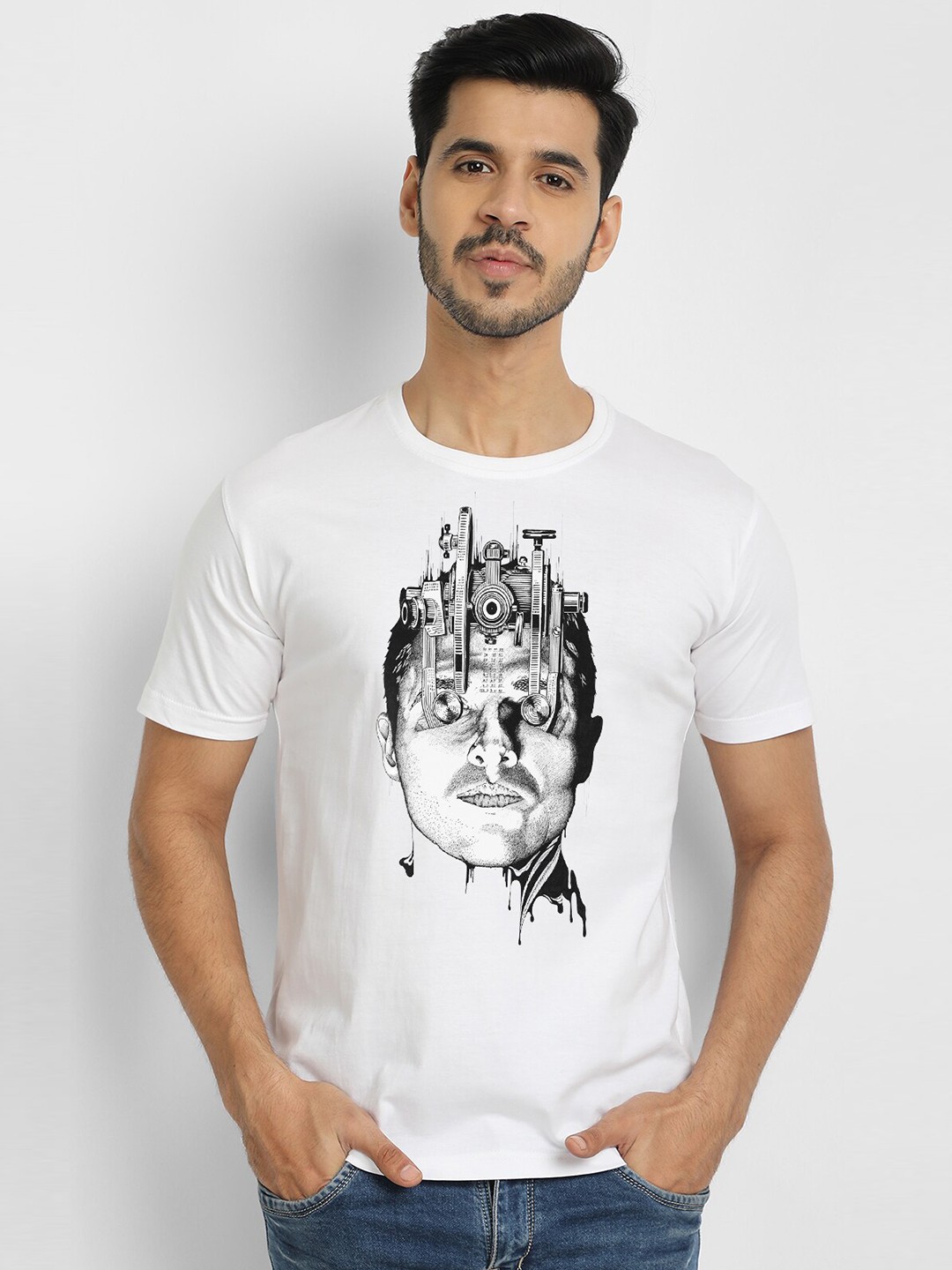 

THREADCURRY Men Printed Cotton T-shirt, White