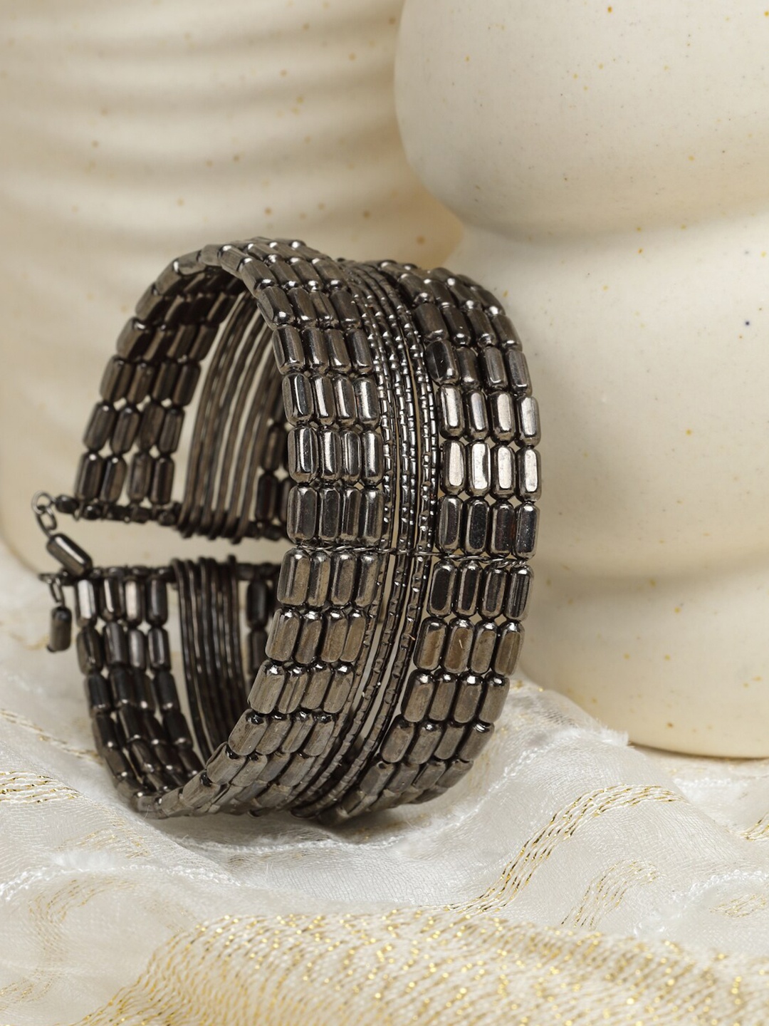 

Moedbuille Women Brass Tribal Design Oxidised Silver-Plated Cuff Bracelet