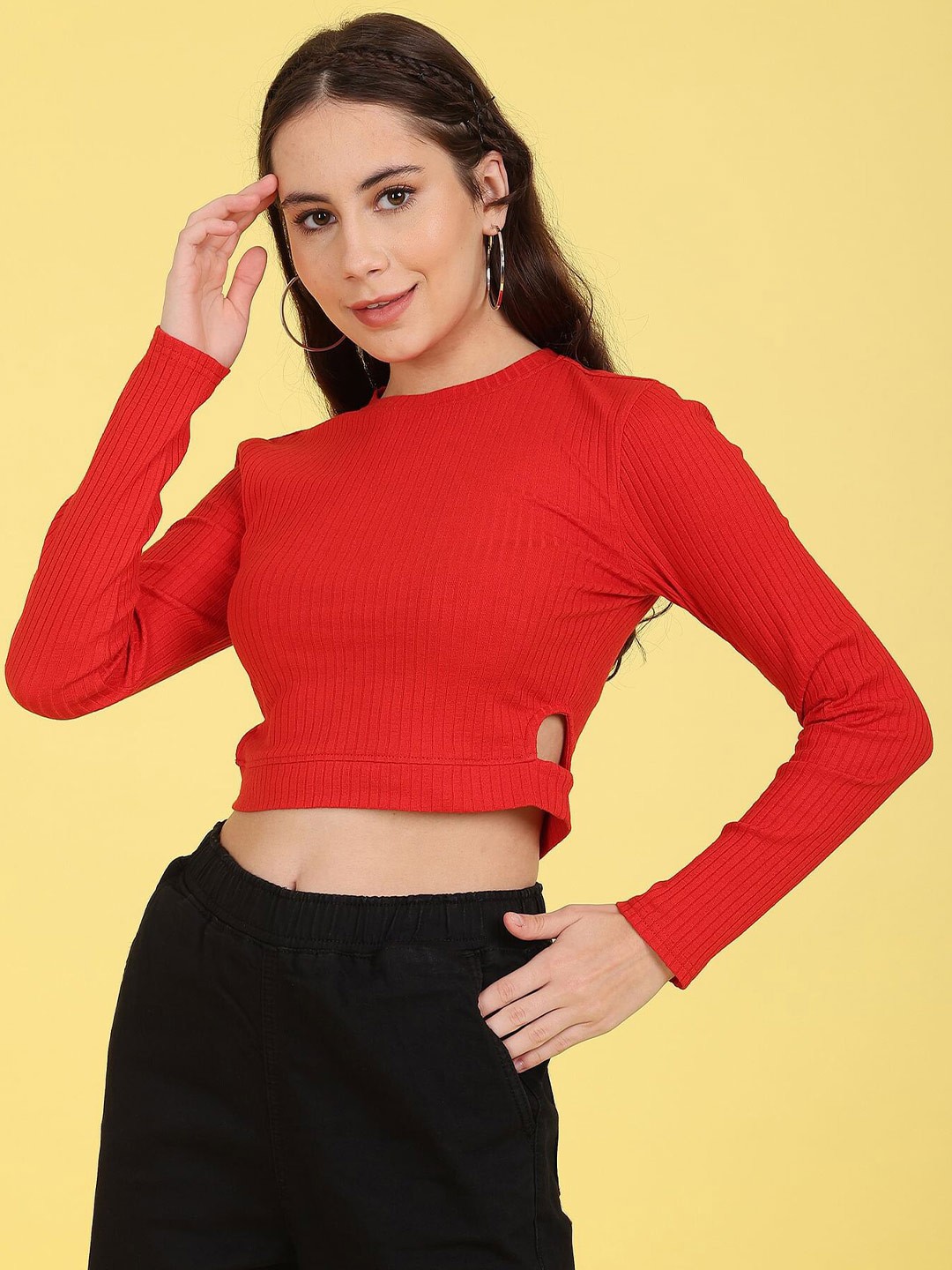

Flying Machine Women Ribbed Crop Top, Red