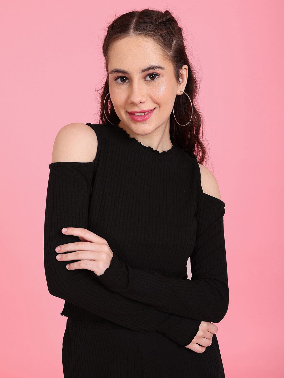 

Flying Machine Women Solid Cold-Shoulder Sleeve Top, Black