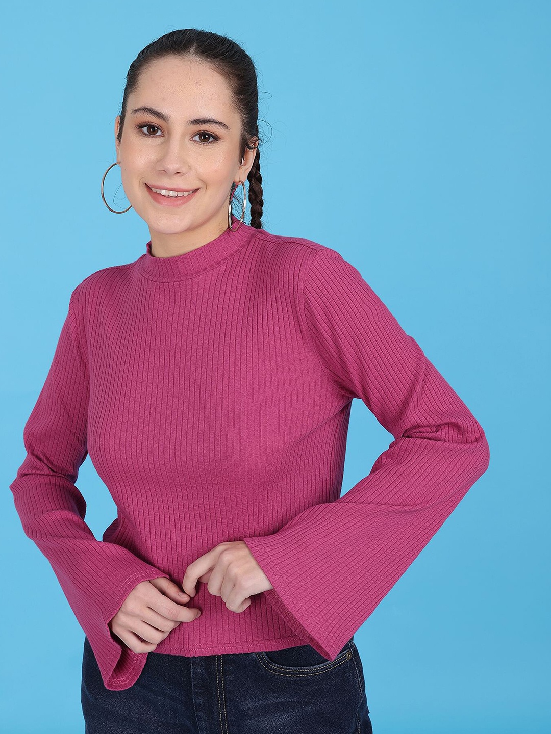 

Flying Machine Women Ribbed Flared Sleeve Top, Fuchsia